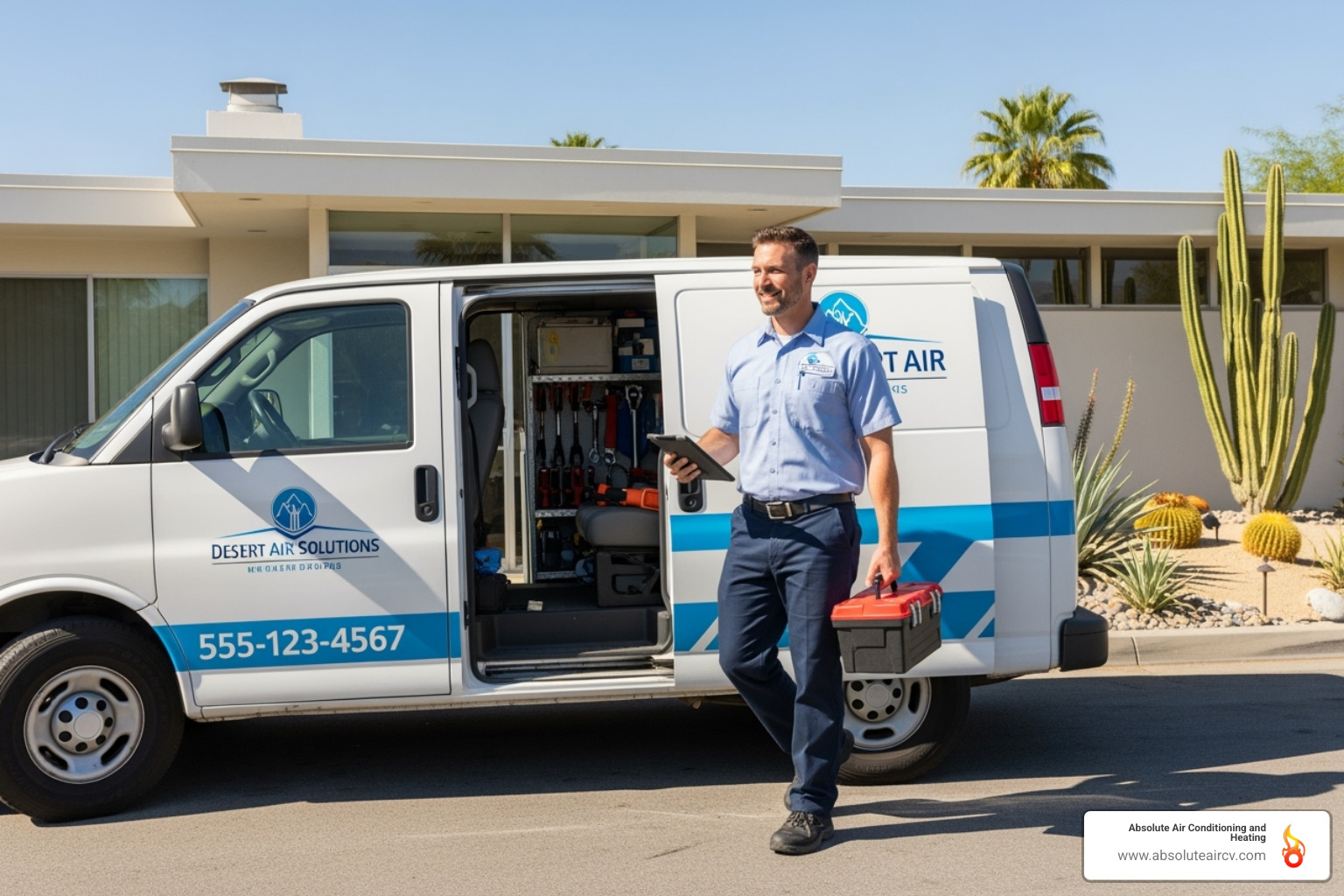 A friendly, professional HVAC technician, dressed in a clean uniform, is arriving at a modern Palm Springs home in a well-maintained service van, ready to assist with an emergency. - emergency hvac service palm springs
