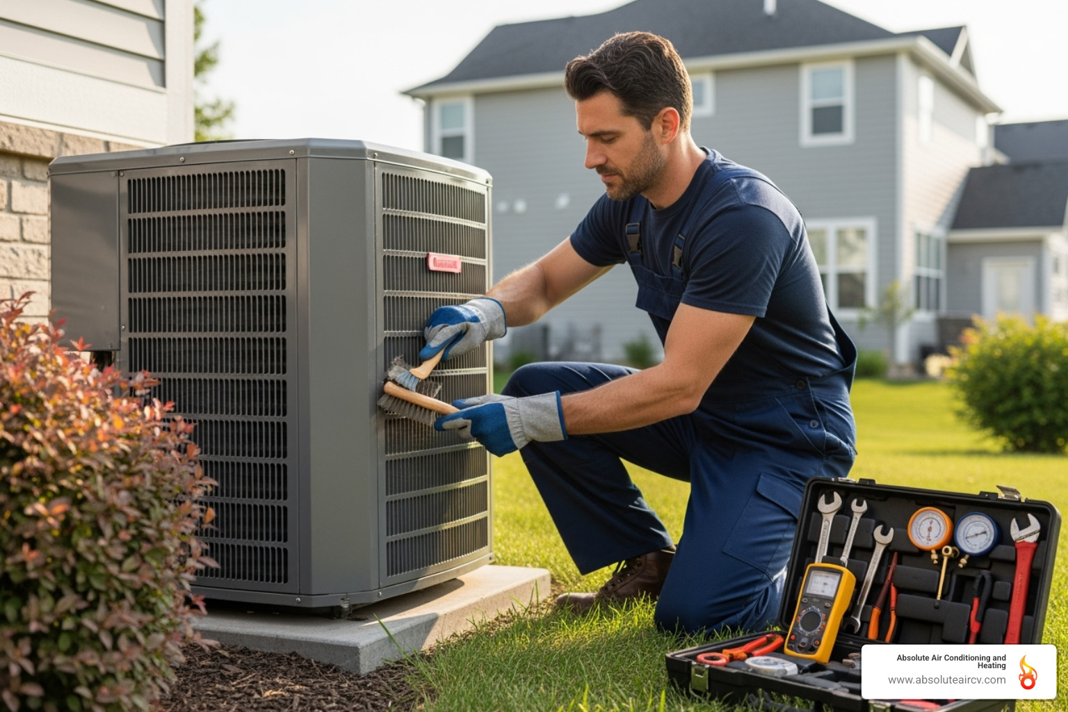 A professional HVAC technician is performing routine maintenance on an outdoor AC unit, checking components and cleaning the coils to ensure optimal performance. - emergency hvac service palm springs