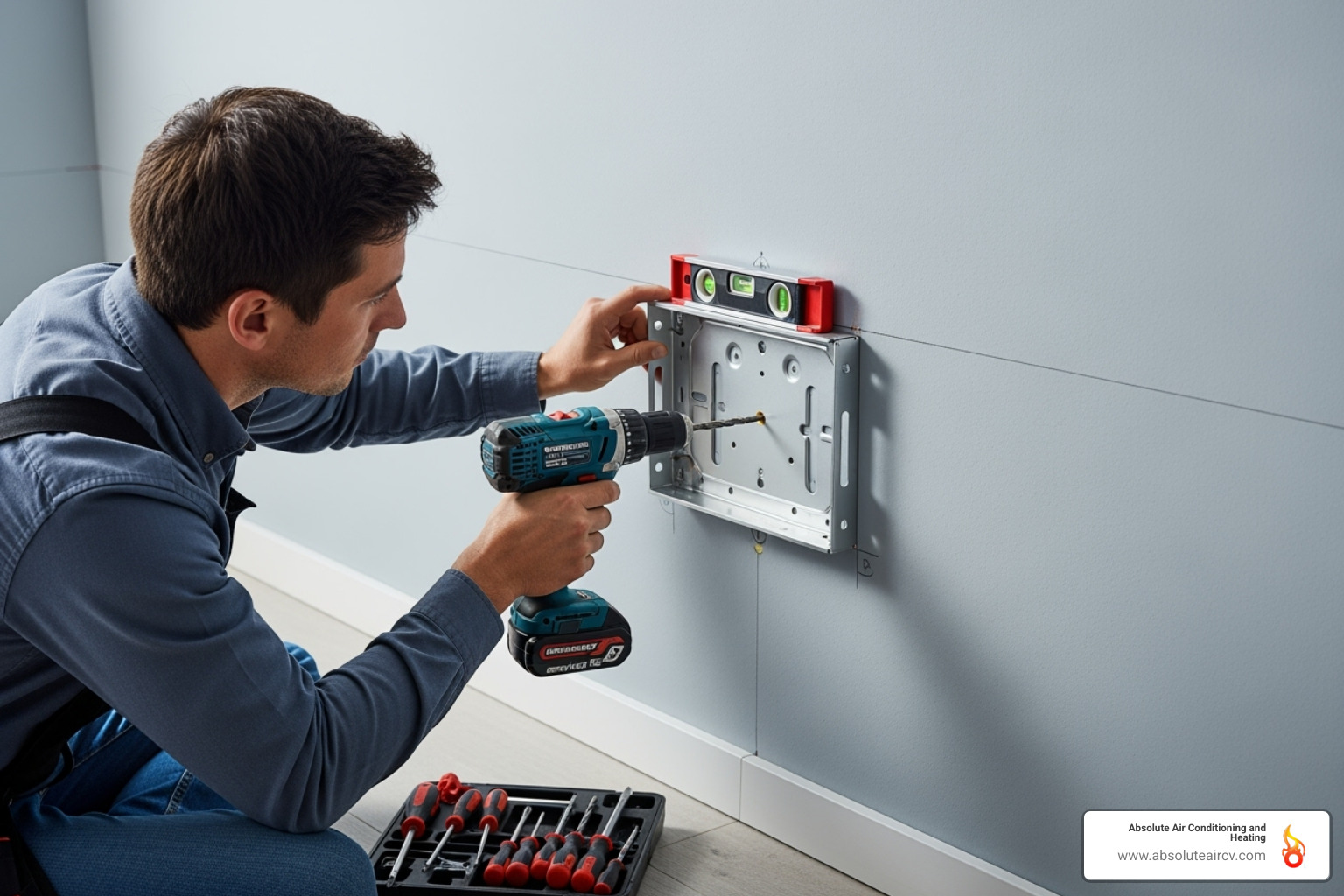 person carefully mounting the indoor unit's wall bracket - mini split AC installation