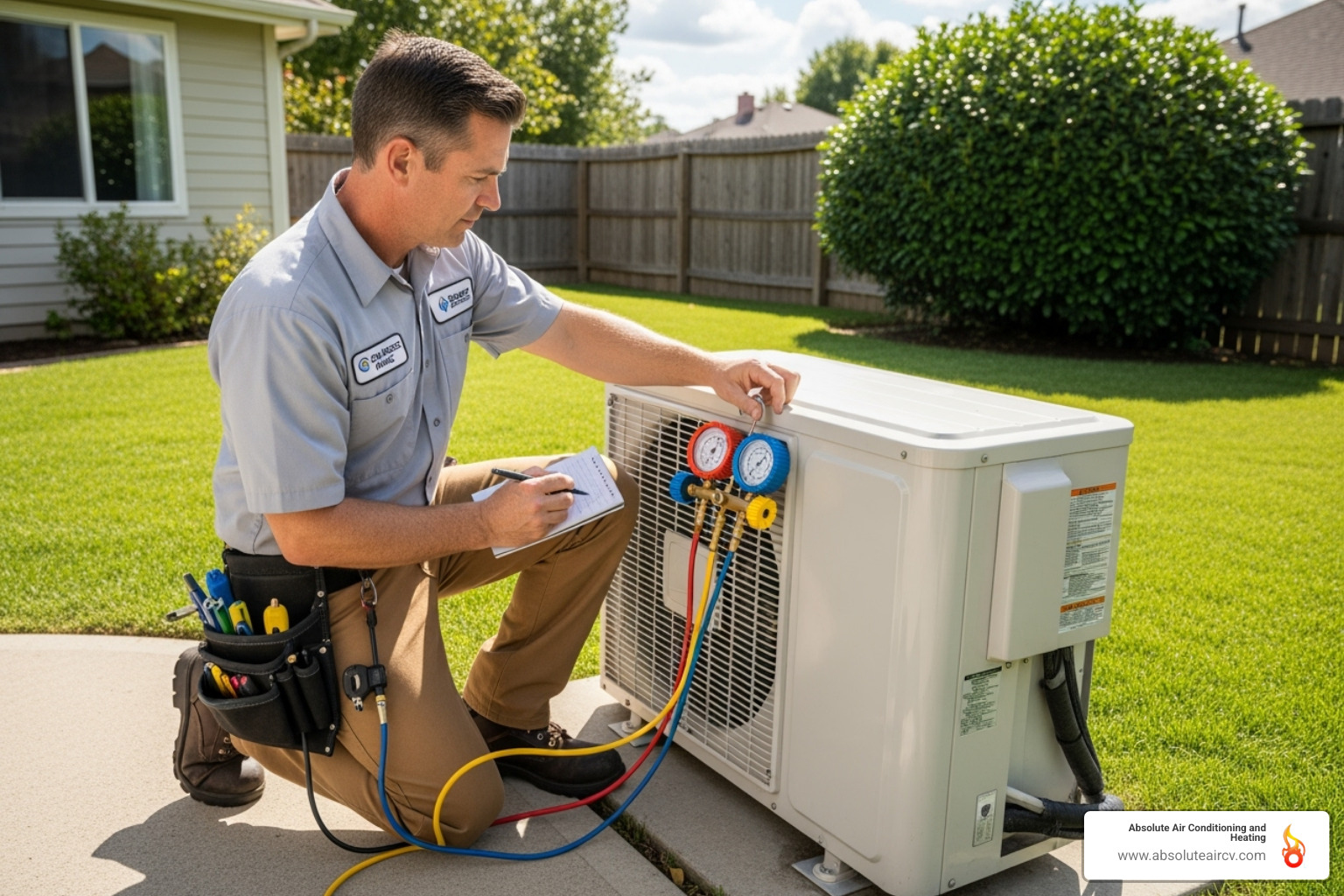 professional HVAC technician checking refrigerant levels on an outdoor unit - mini split AC installation