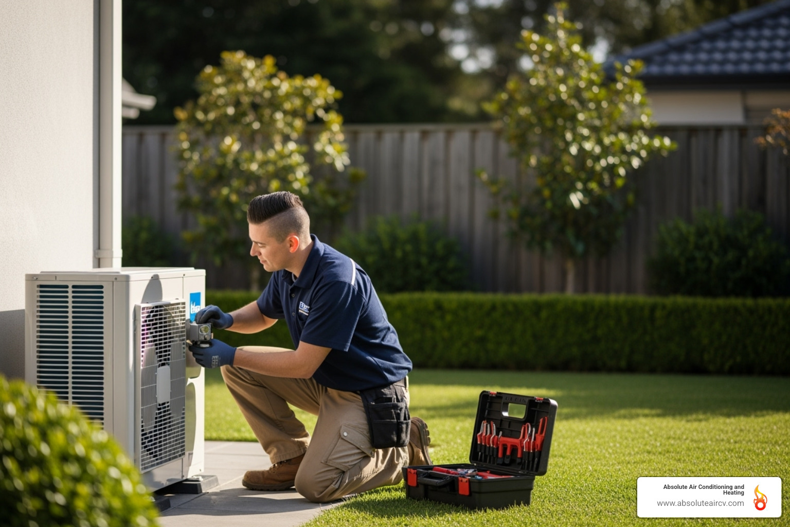 technician servicing an outdoor heat pump unit - dual fuel heat pump