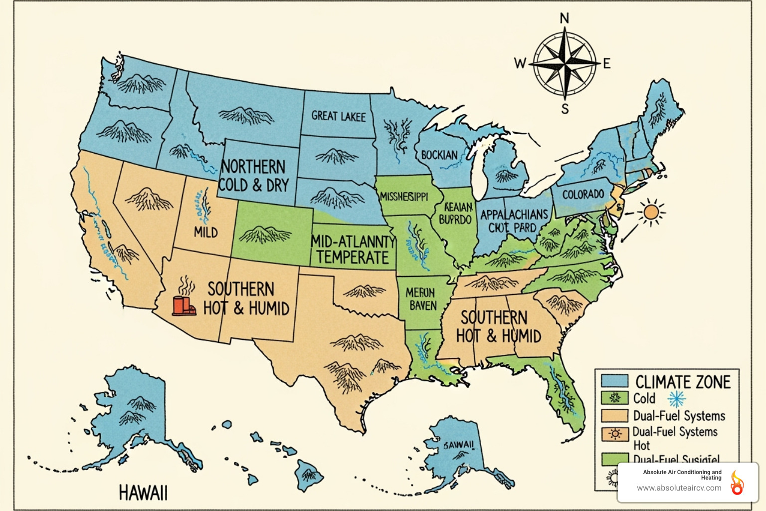 map highlighting climate zones suitable for dual fuel systems - dual fuel heat pump