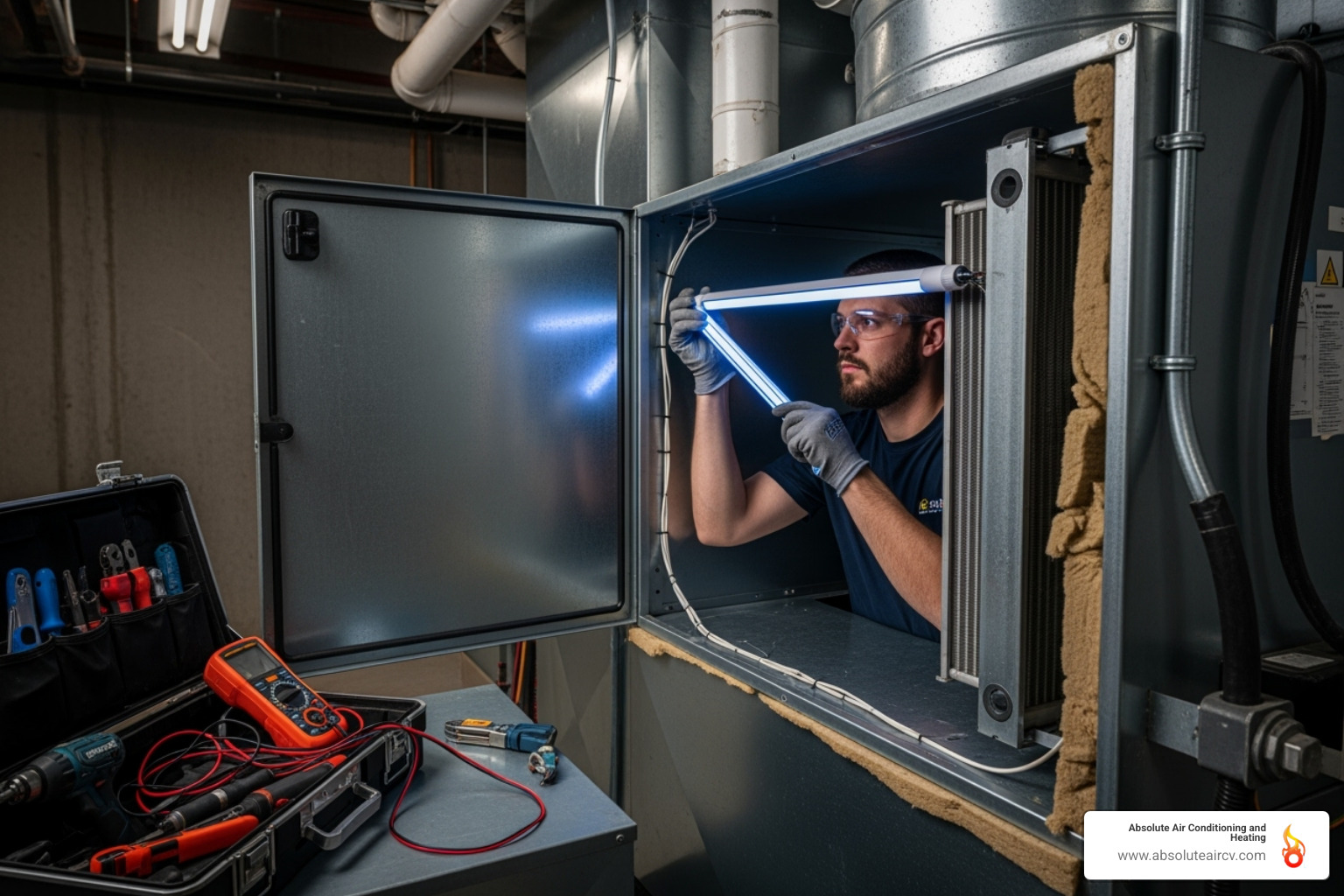 A certified technician professionally installing a UV light system into an HVAC unit - Air purification system installation
