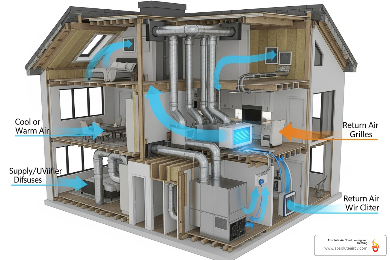 A cutaway view of a home showing air circulating through an HVAC system with an integrated UV-C purifier - Air purification system installation