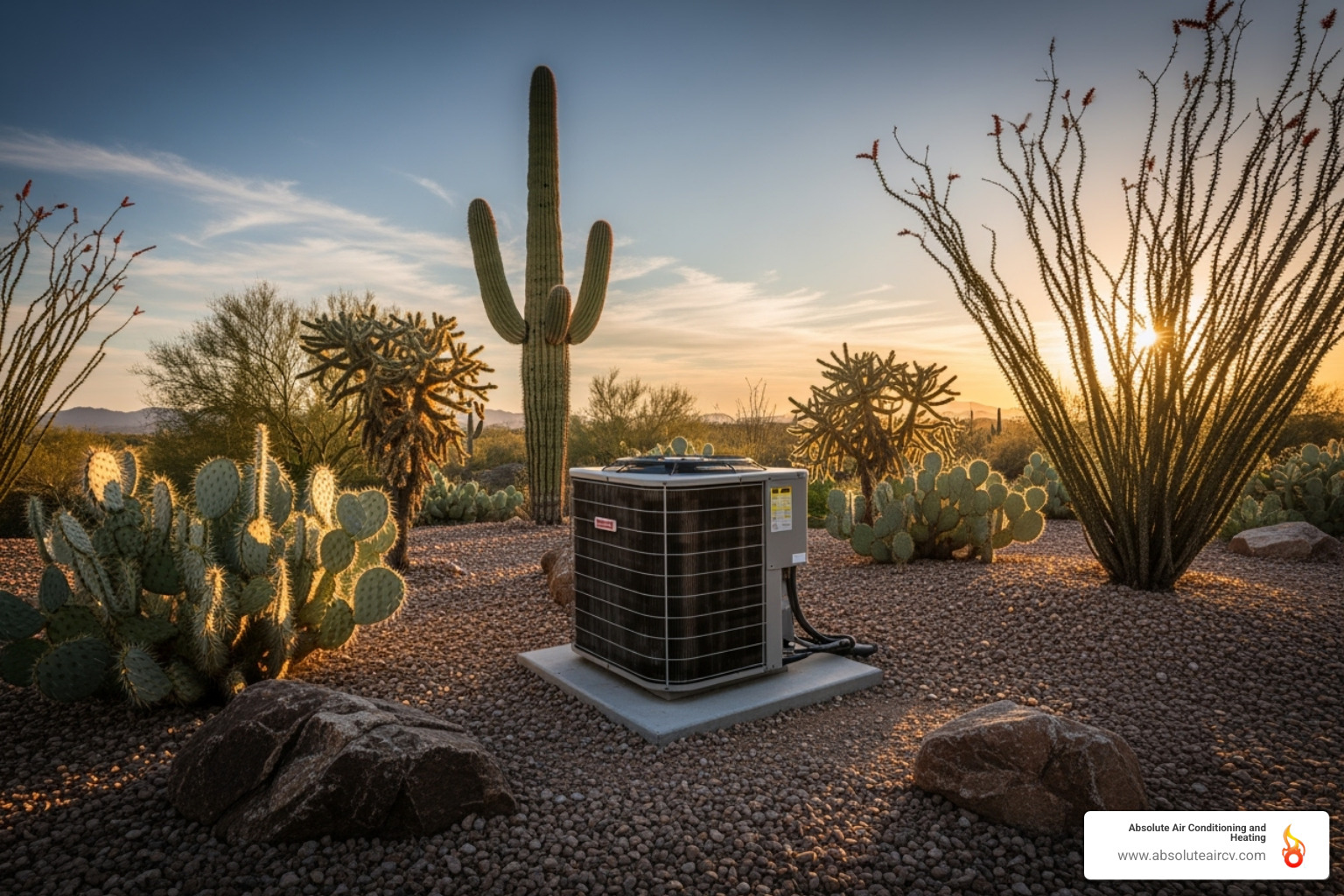 outdoor AC condenser unit with desert landscaping - ac service palm springs ca