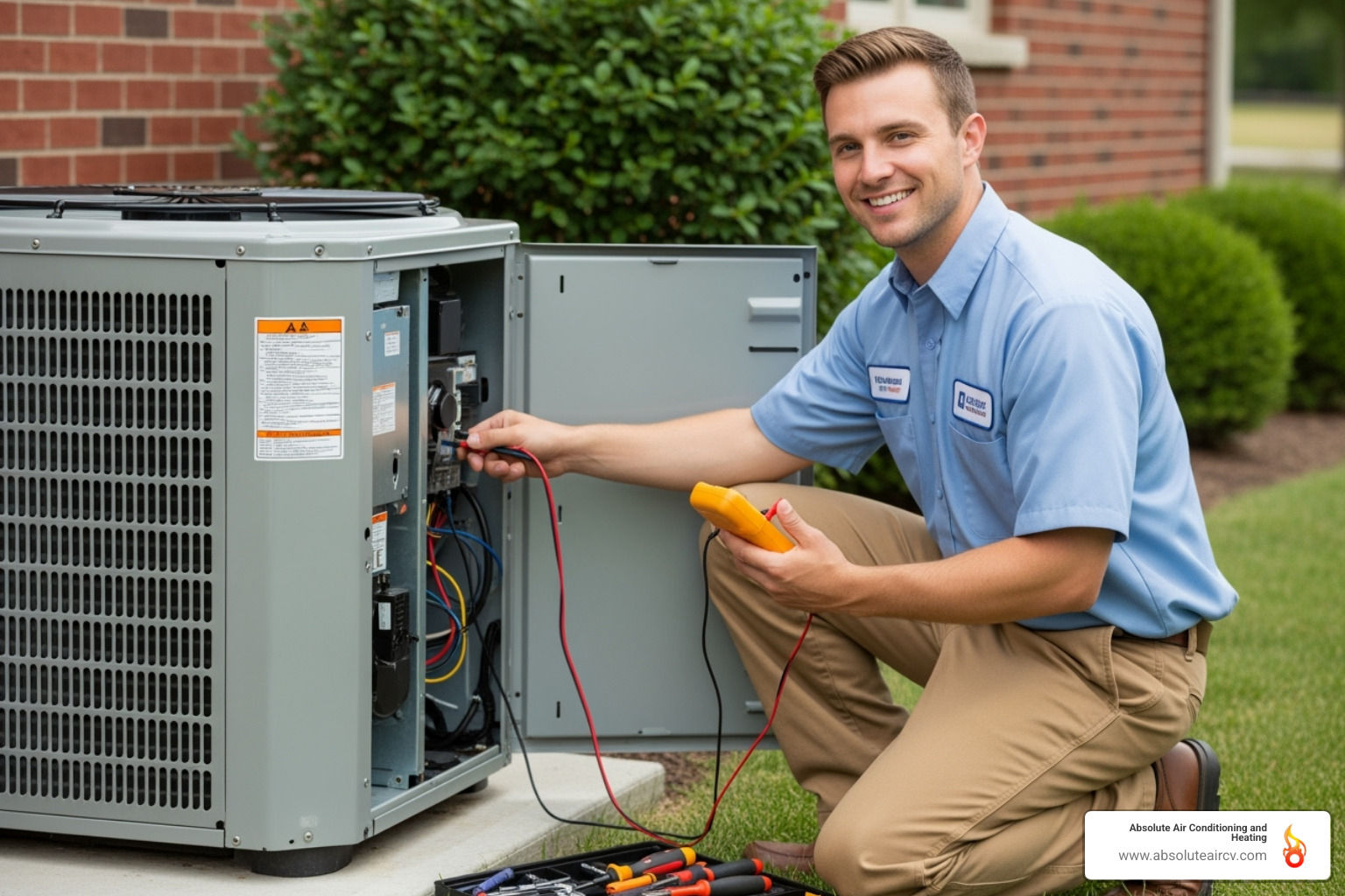 Friendly technician servicing outdoor AC unit - HVAC service contract