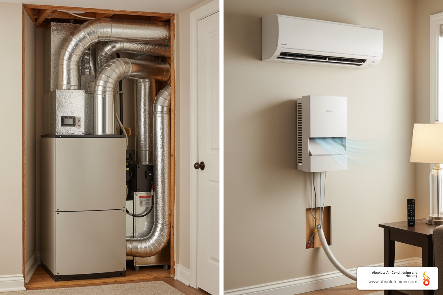 Image showing the difference between a ducted central system and a ductless mini-split system - AC heat pump installation
