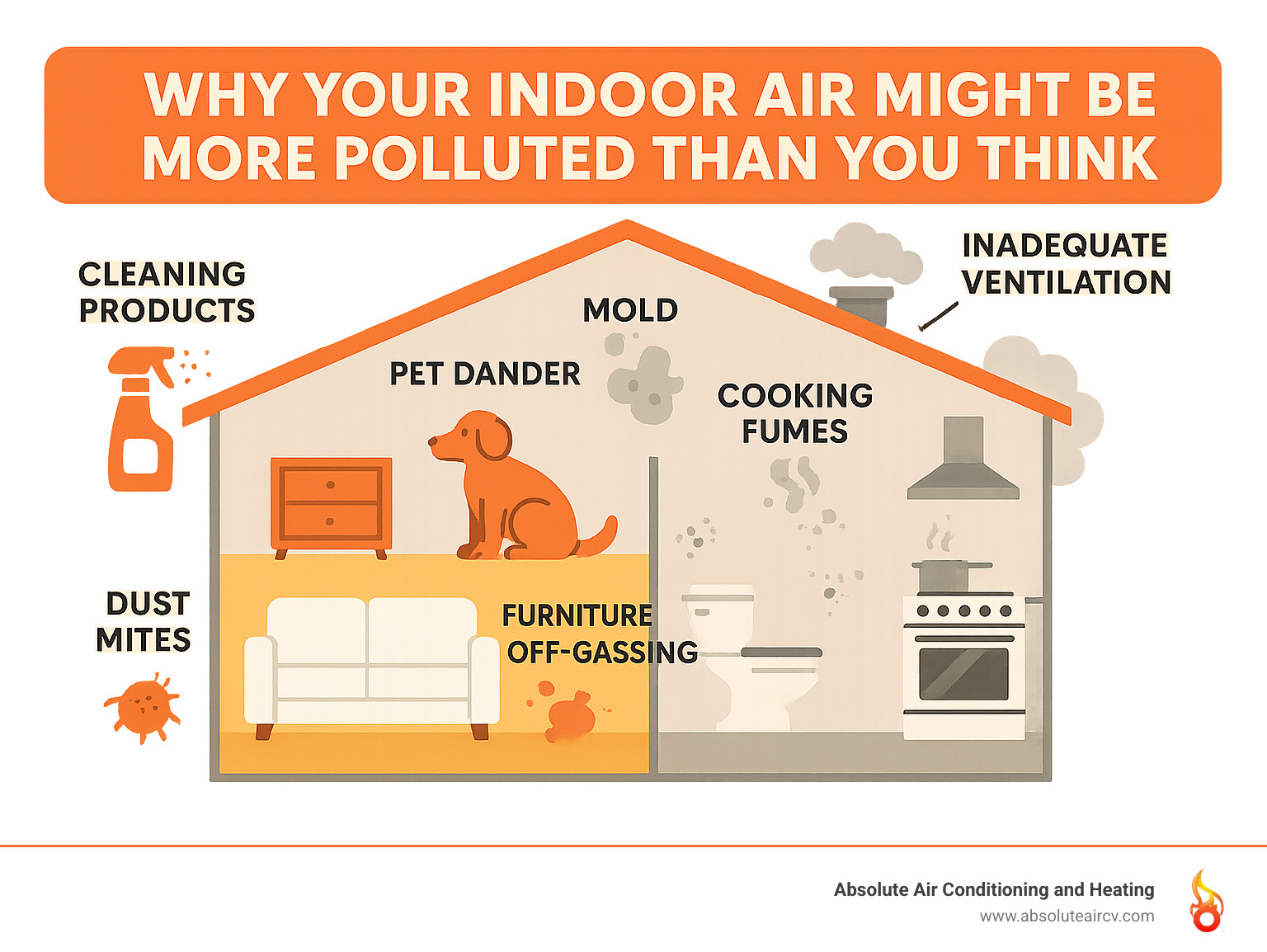 Comprehensive infographic showing common sources of indoor air pollution including cleaning products, pet dander, mold, dust mites, cooking fumes, furniture off-gassing, and inadequate ventilation with visual representations of each pollutant source in a typical home layout - indoor air quality services infographic