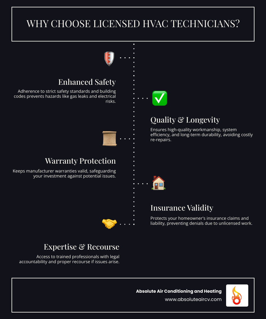 Infographic showing key benefits of hiring licensed HVAC technicians including safety compliance with building codes, quality workmanship with warranties, insurance claim validity, and legal protection, compared to risks of unlicensed work such as safety hazards, voided warranties, insurance claim denials, and no legal recourse - licensed HVAC technicians infographic infographic-line-5-steps-dark
