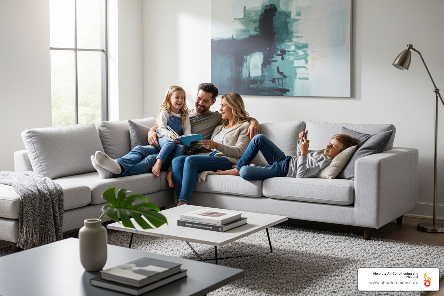 Happy family relaxing in a cool, comfortable living room - Energy efficient HVAC upgrades