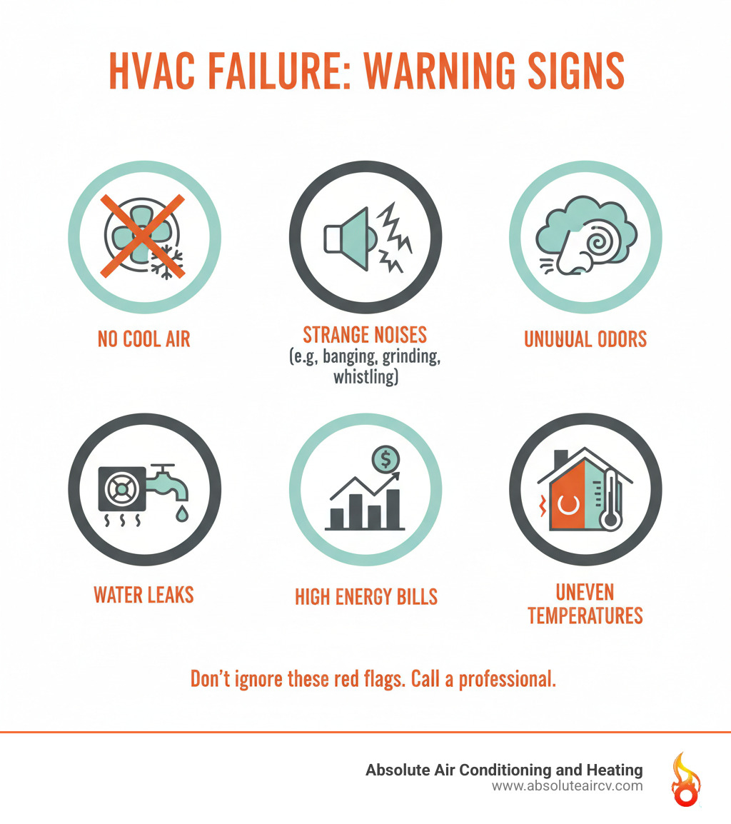 Infographic showing warning signs of HVAC failure including no cool air, strange noises, unusual odors, water leaks, high energy bills, and uneven temperatures throughout the home - 24 hour hvac repair palm desert infographic 