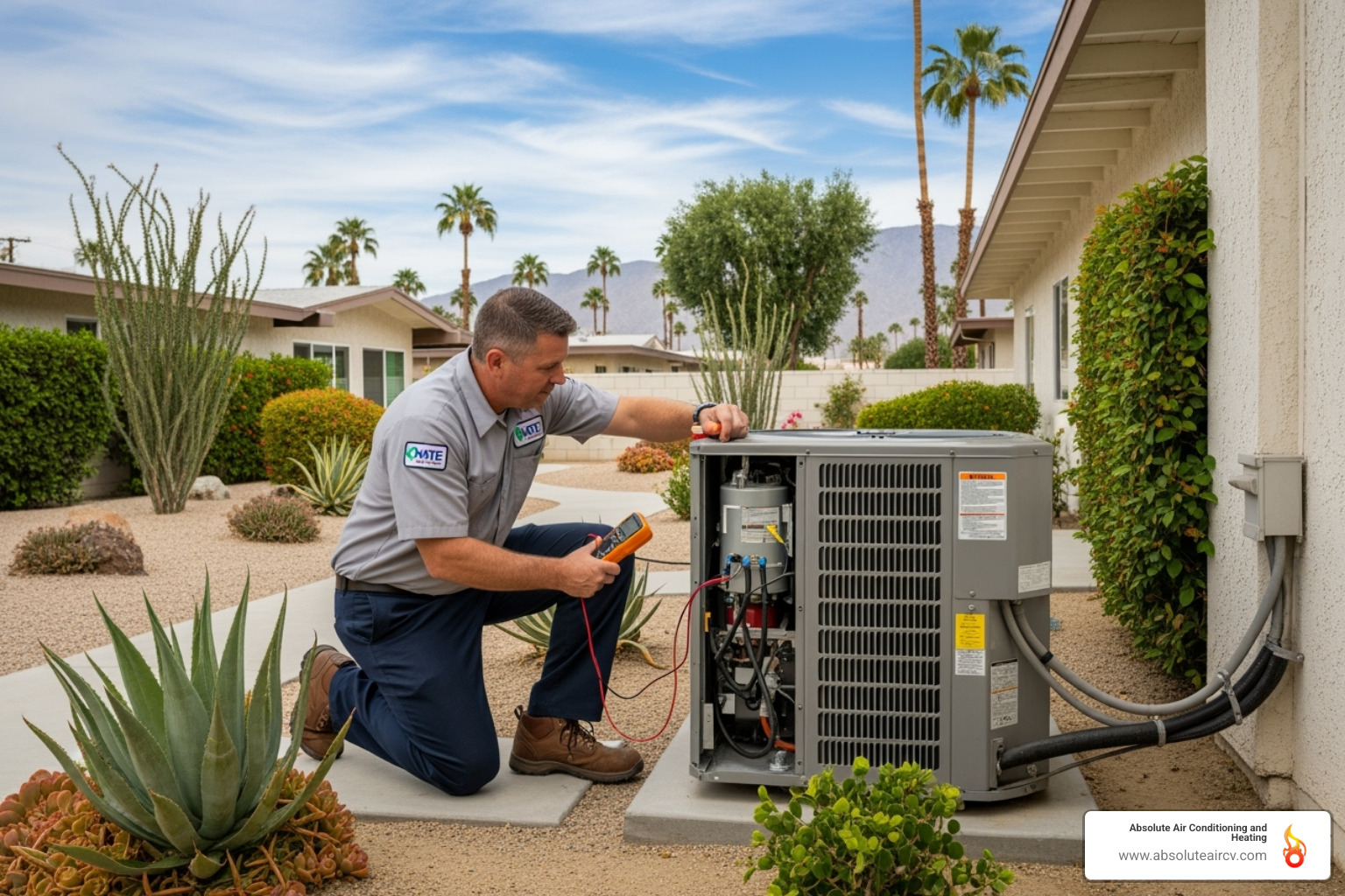 NATE-certified technician inspecting an outdoor AC unit - ac tune up palm springs