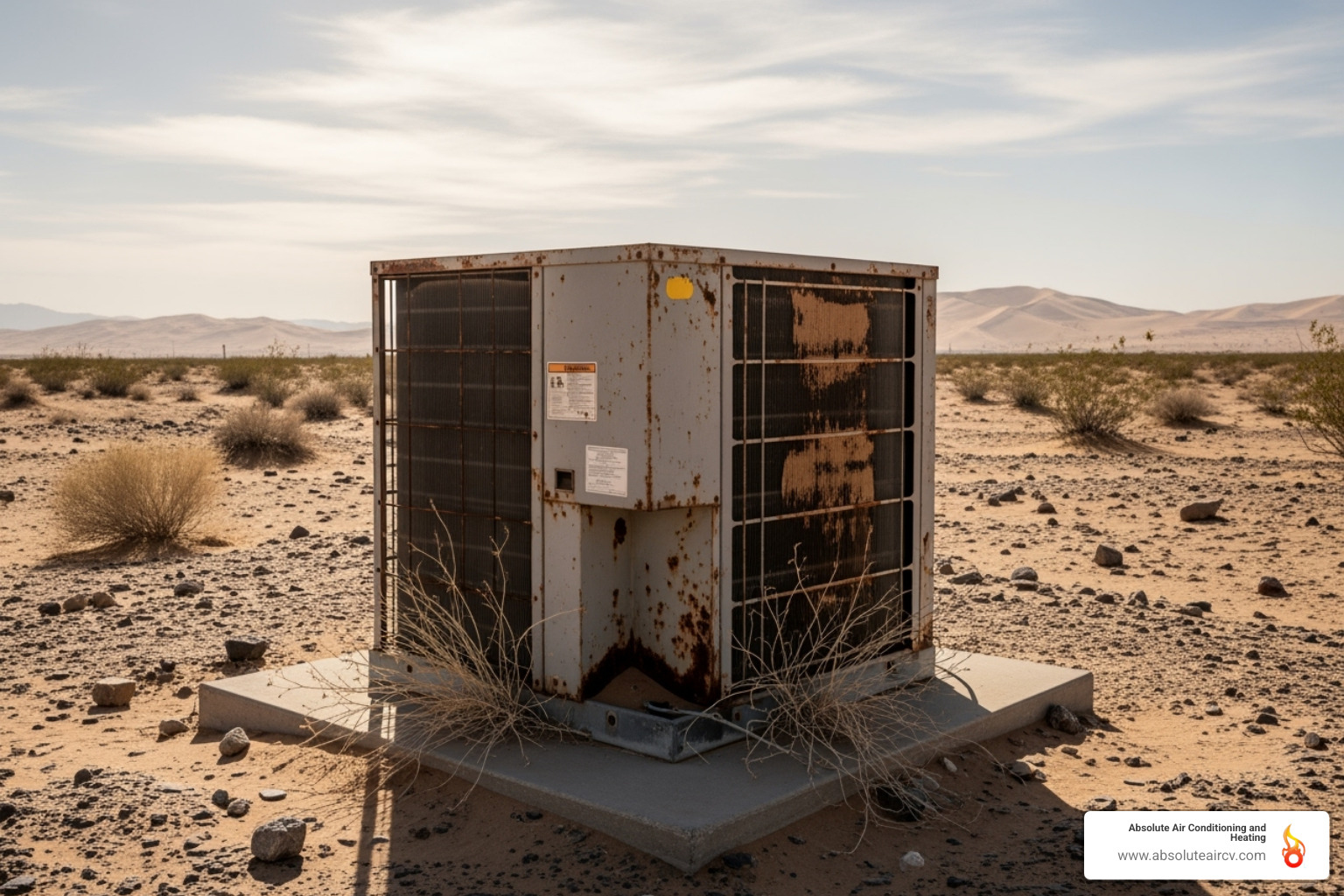 An old, weathered outdoor AC unit struggling in the harsh desert sun - air conditioner installation palm springs