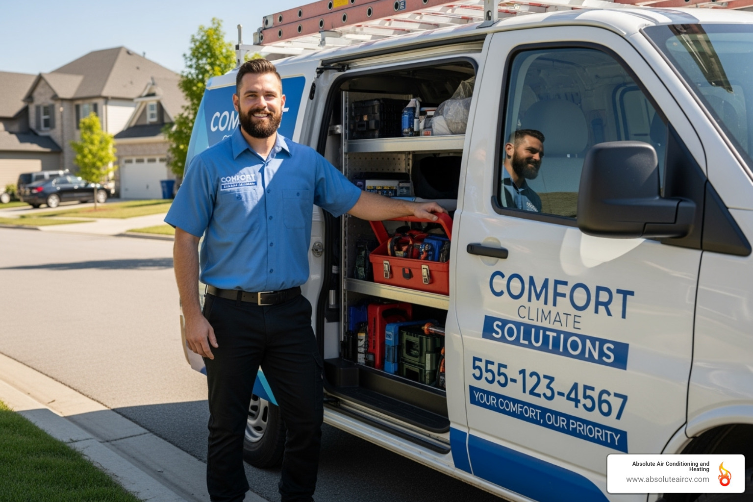 A friendly, professional HVAC technician smiling beside a clean company van, ready for service - air conditioner installation palm springs