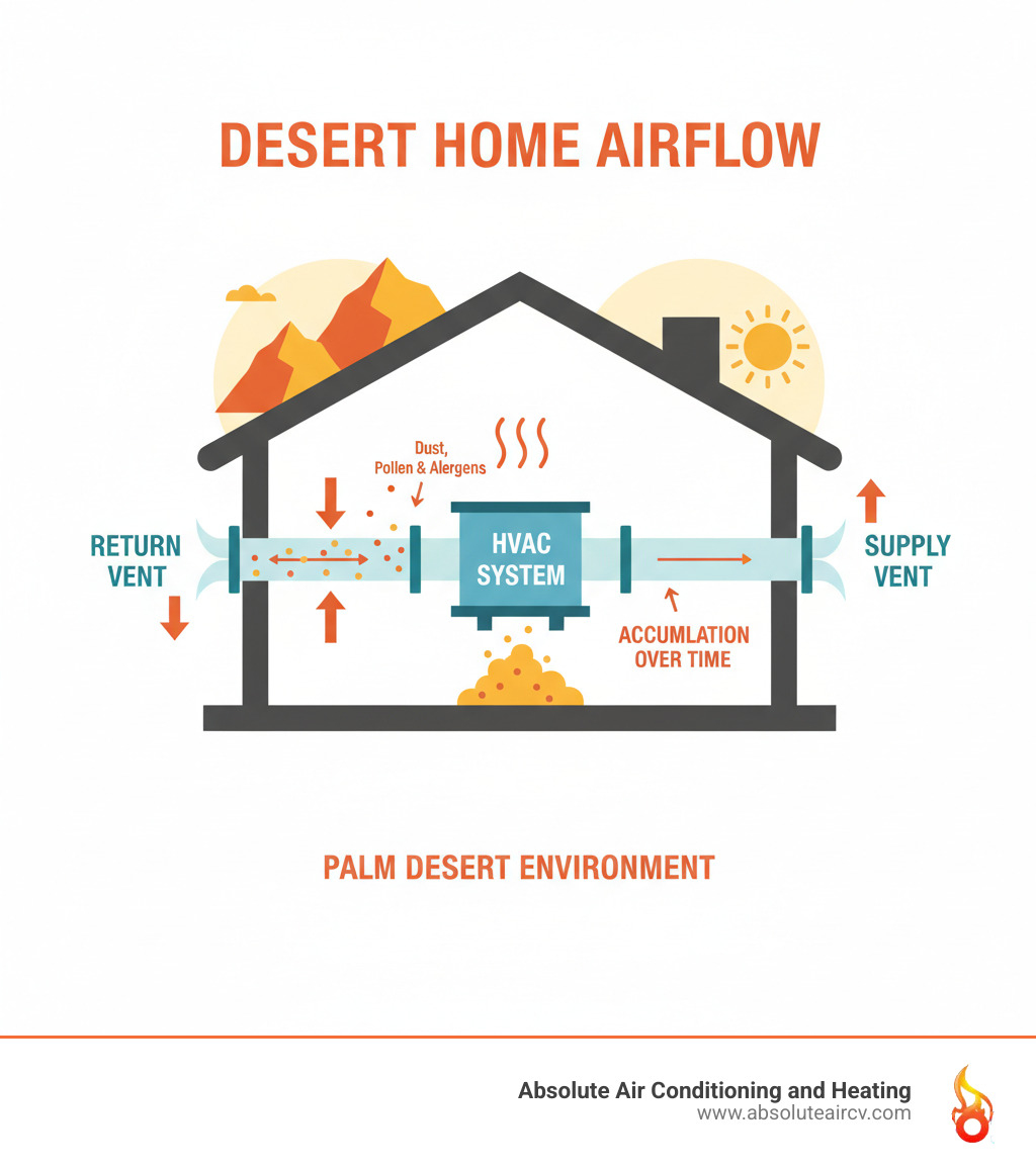 Infographic showing how dust, pollen, and allergens circulate through a home's HVAC system, with arrows indicating airflow from return vents through ductwork to supply vents, and particles accumulating in ducts over time in a desert environment - air duct maintenance palm desert infographic