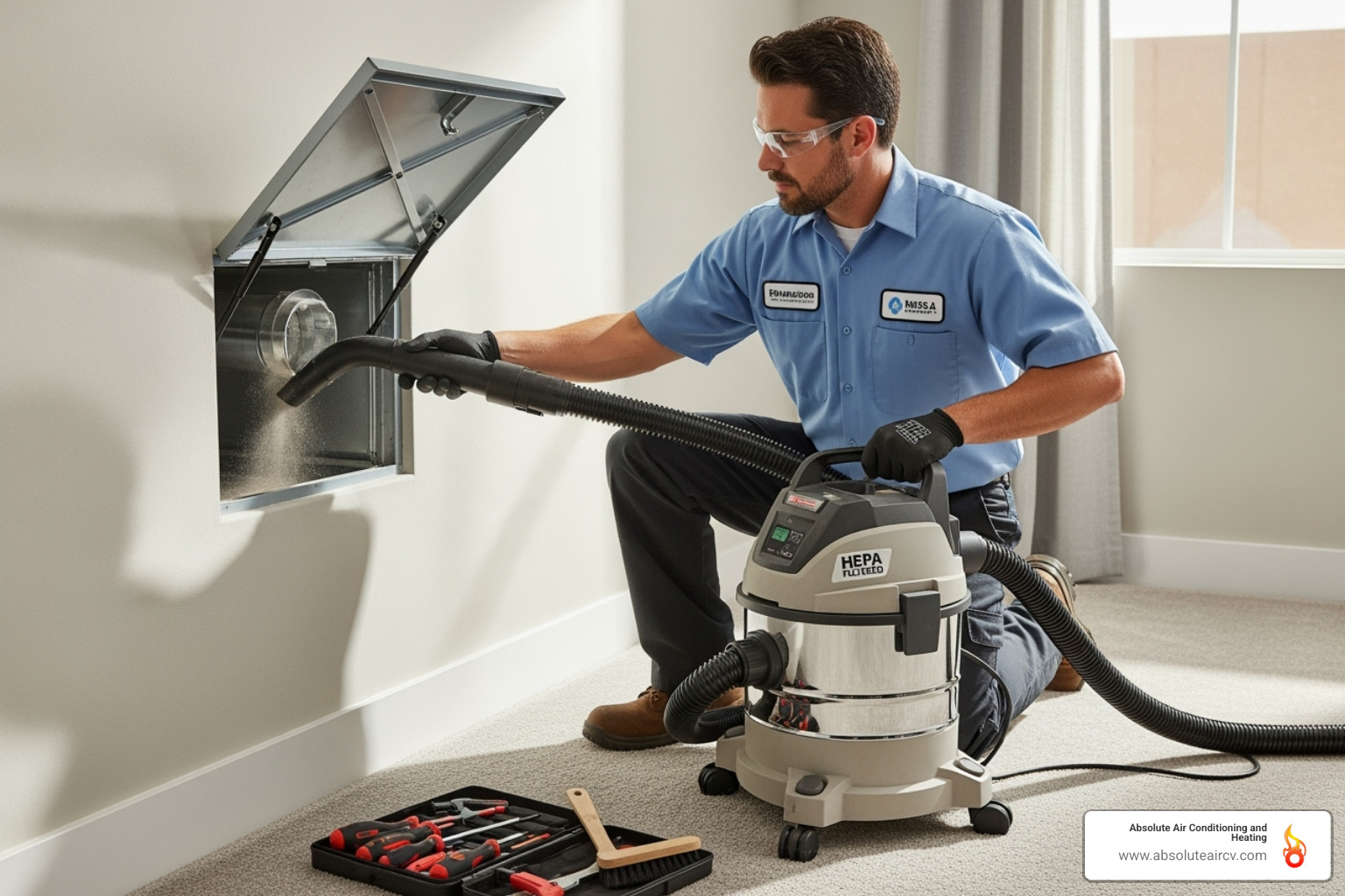Technician using a HEPA-filtered vacuum to clean air duct - air duct maintenance palm desert