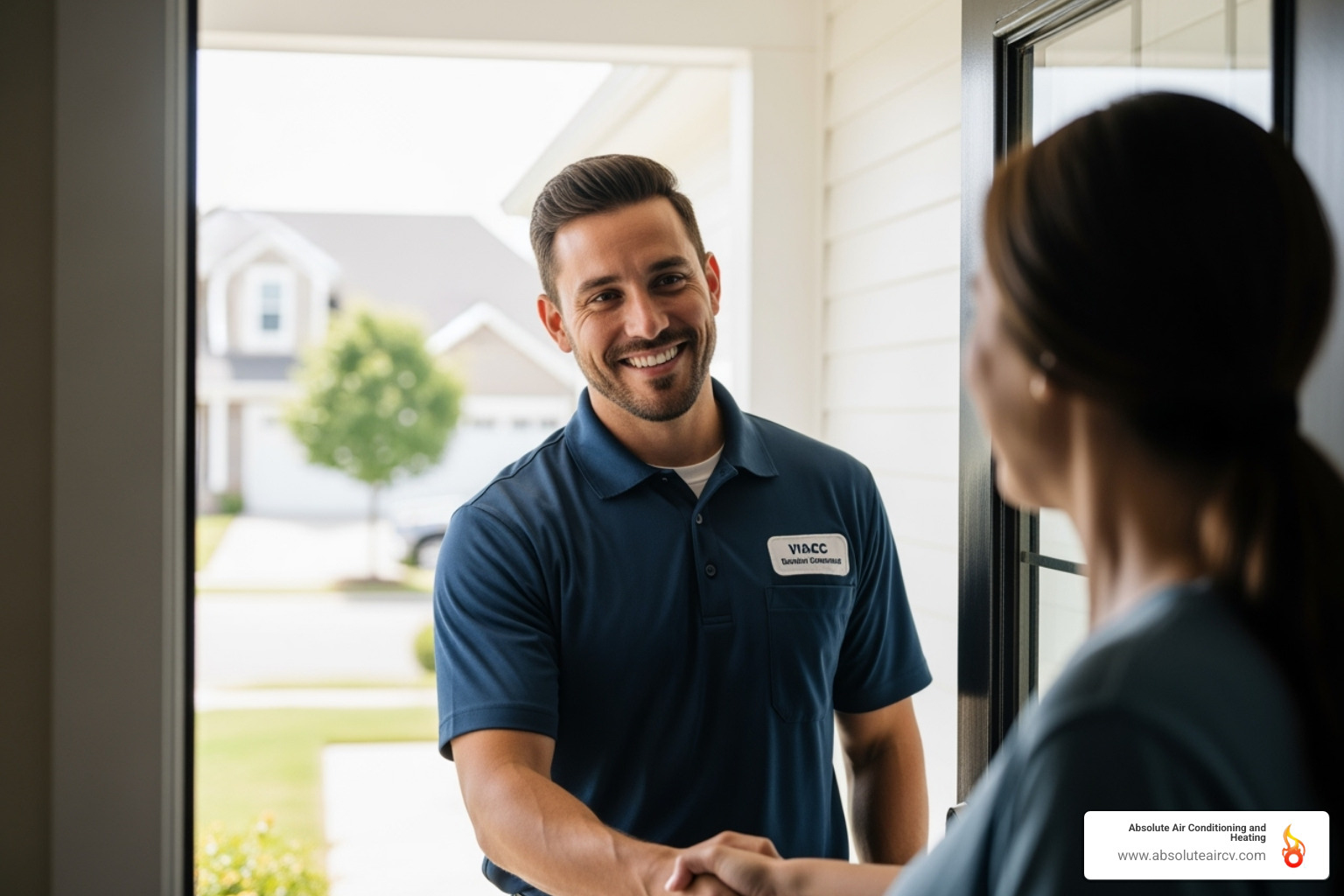Professional HVAC technician greeting a homeowner - air duct maintenance palm desert