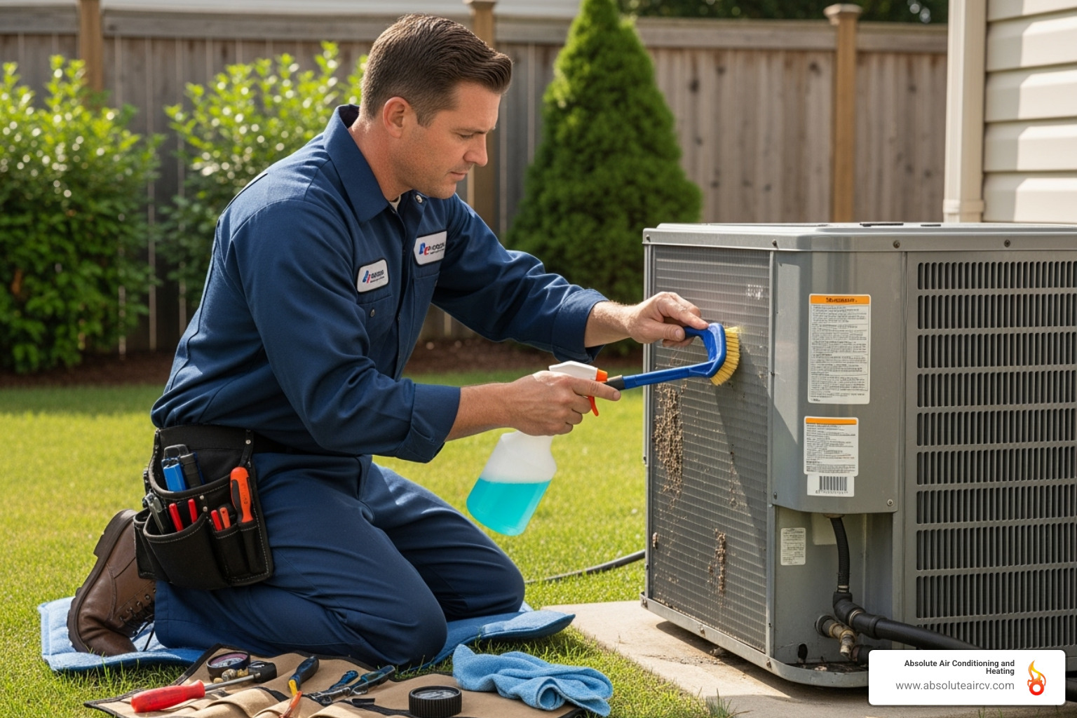 A technician in uniform meticulously cleaning the outdoor condenser coils of an air conditioning unit during a maintenance check - 24 hour ac repair indian wells