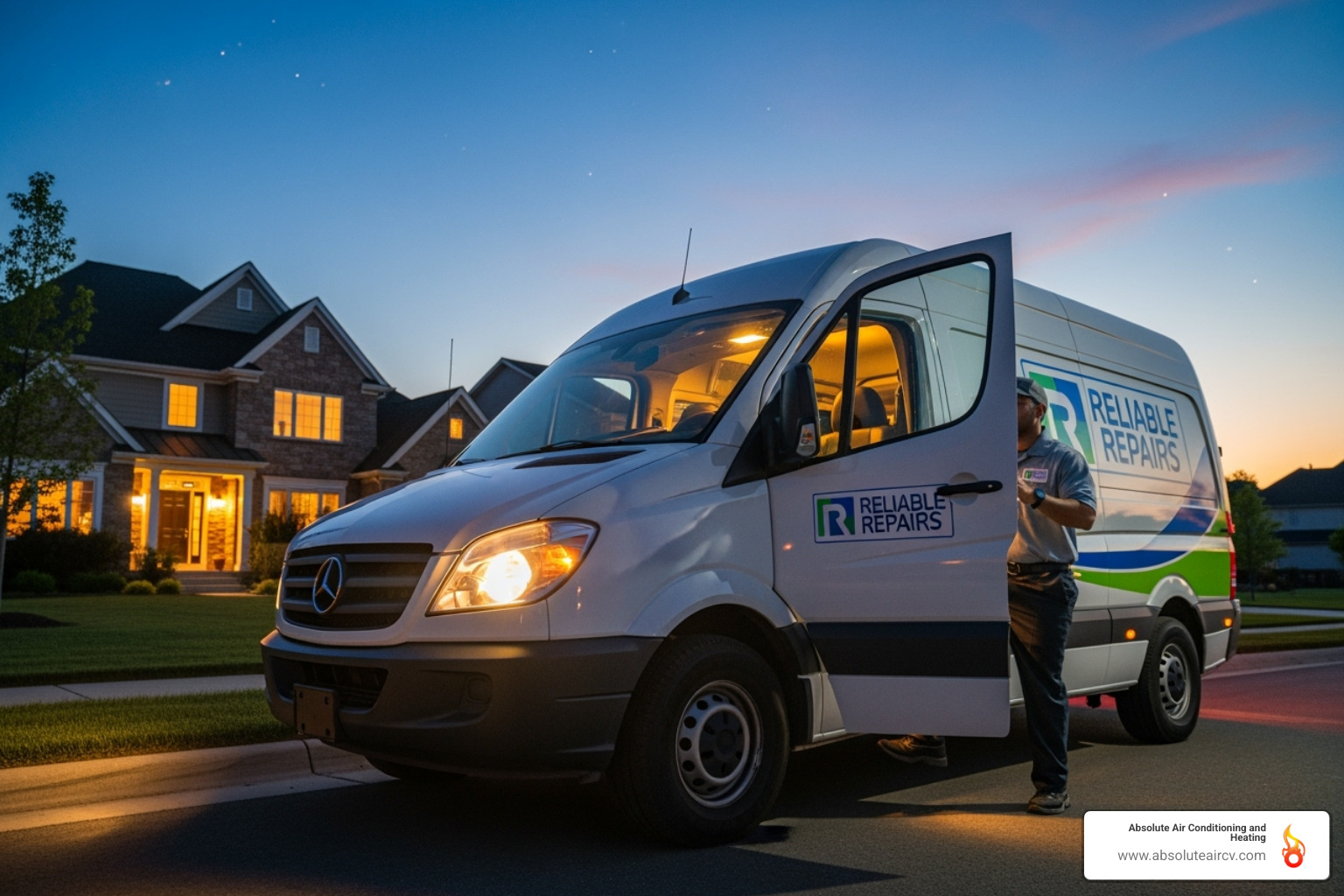 A service van with a company logo arriving at a home during twilight, with a technician stepping out - 24 hour ac repair indian wells