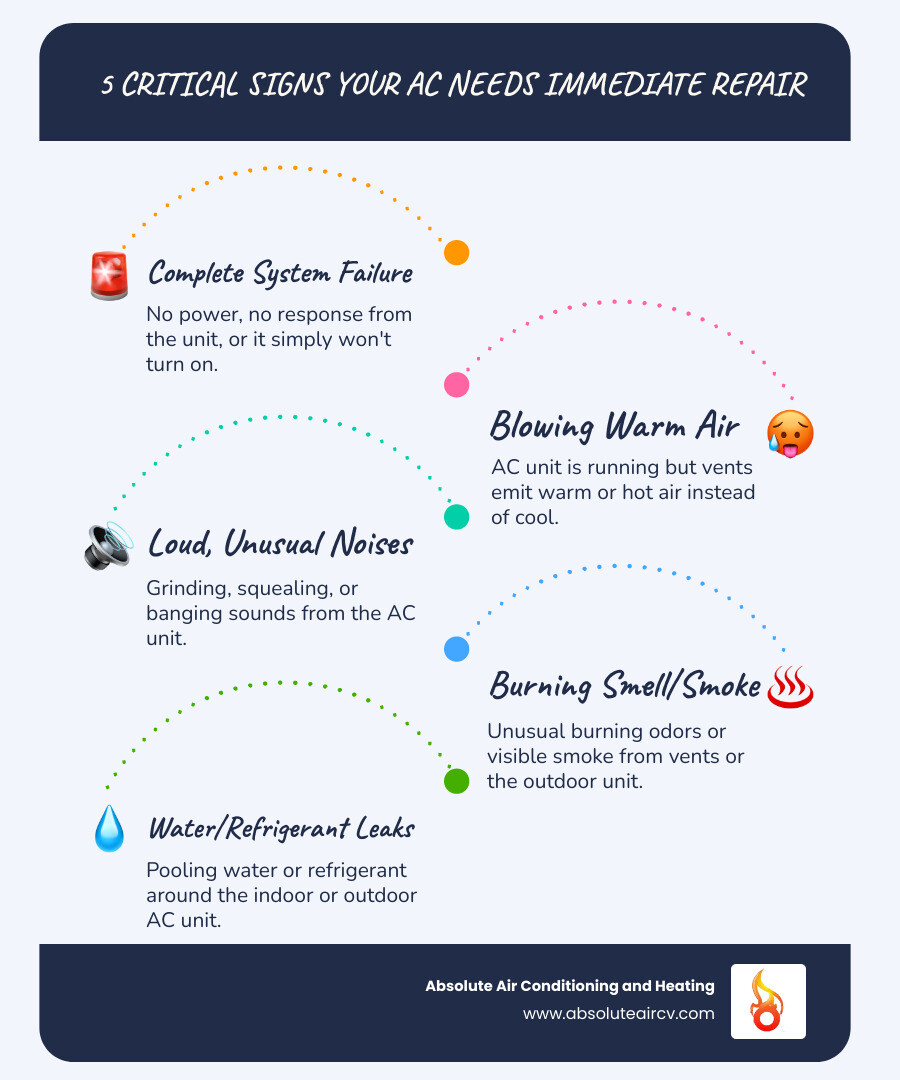 Infographic showing 5 critical signs your AC needs immediate repair: 1. Complete system failure with no power or response, 2. Warm or hot air blowing from vents instead of cool air, 3. Loud grinding, squealing, or banging noises from the unit, 4. Burning smell or smoke coming from vents or outdoor unit, 5. Water or refrigerant pooling around the indoor or outdoor unit - 24 hour ac repair indian wells infographic infographic-line-5-steps-blues-accent_colors