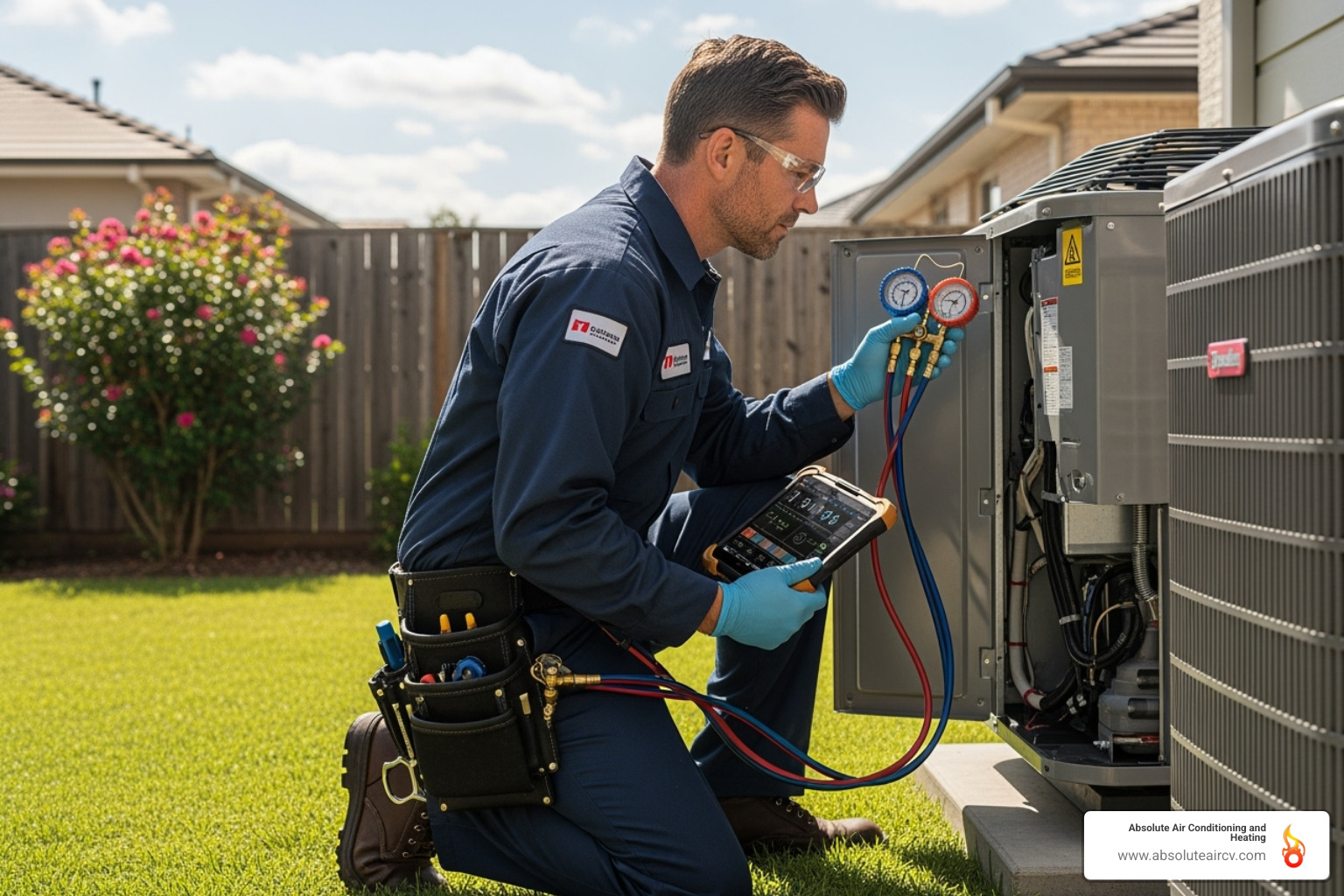 A technician wearing gloves and safety glasses carefully diagnosing an outdoor AC unit with tools and a tablet - 24 hour ac repair indian wells