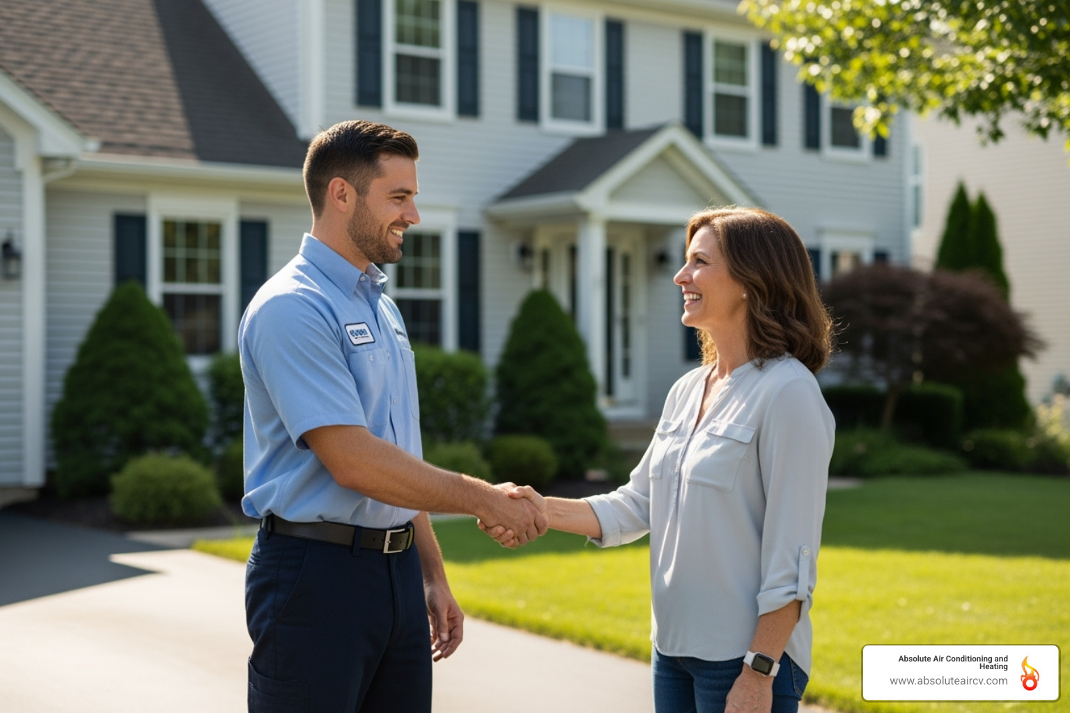 A friendly, professional HVAC technician in uniform shaking hands with a satisfied homeowner outside their house - 24 hour ac repair indian wells