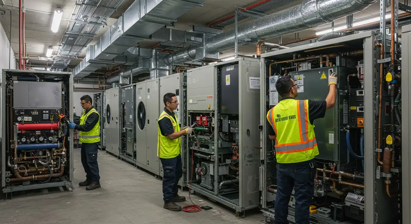 Technicians inspecting industrial HVAC units in warehouse.