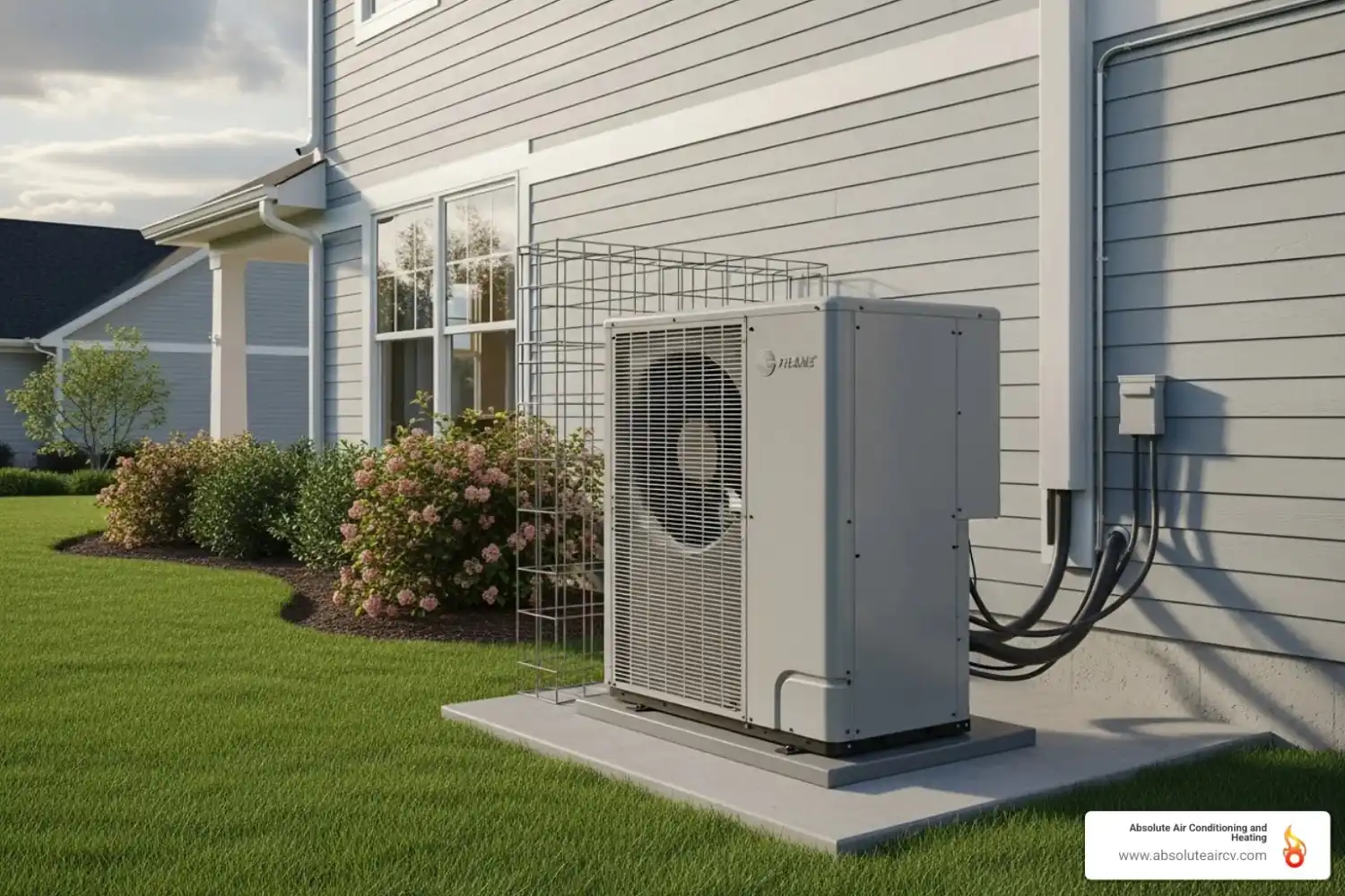 Modern high-efficiency heat pump unit installed on the side of a house - Efficient home heating
