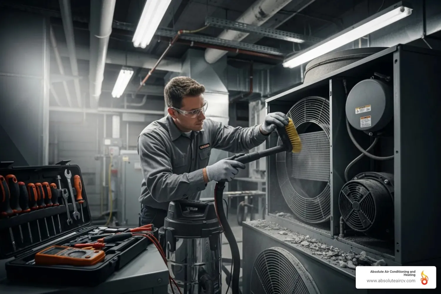 Technician cleaning and inspecting an HVAC system - Efficient home heating