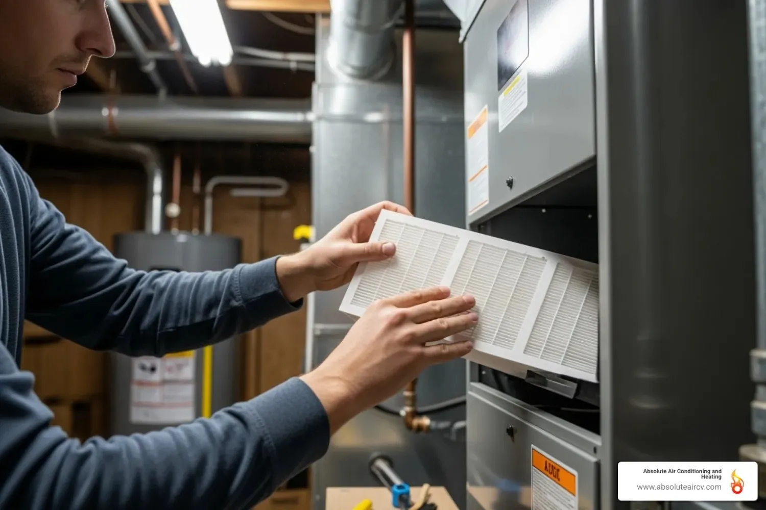 Homeowner inspecting air filter - HVAC system maintenance