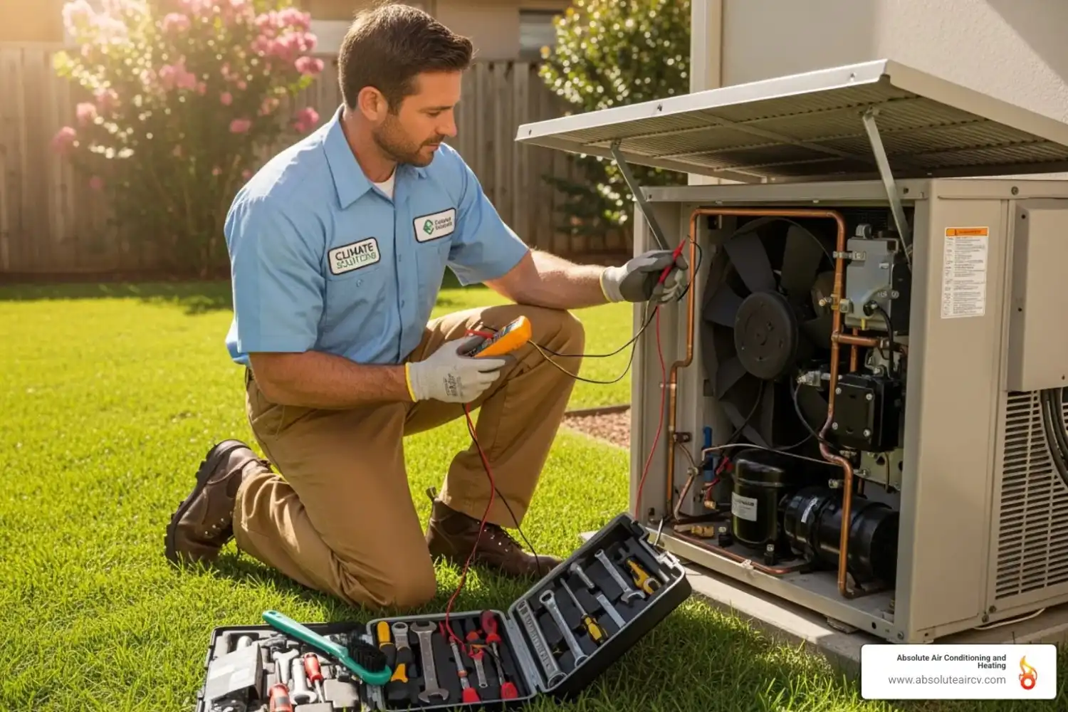 Technician servicing an outdoor condenser unit - HVAC system maintenance
