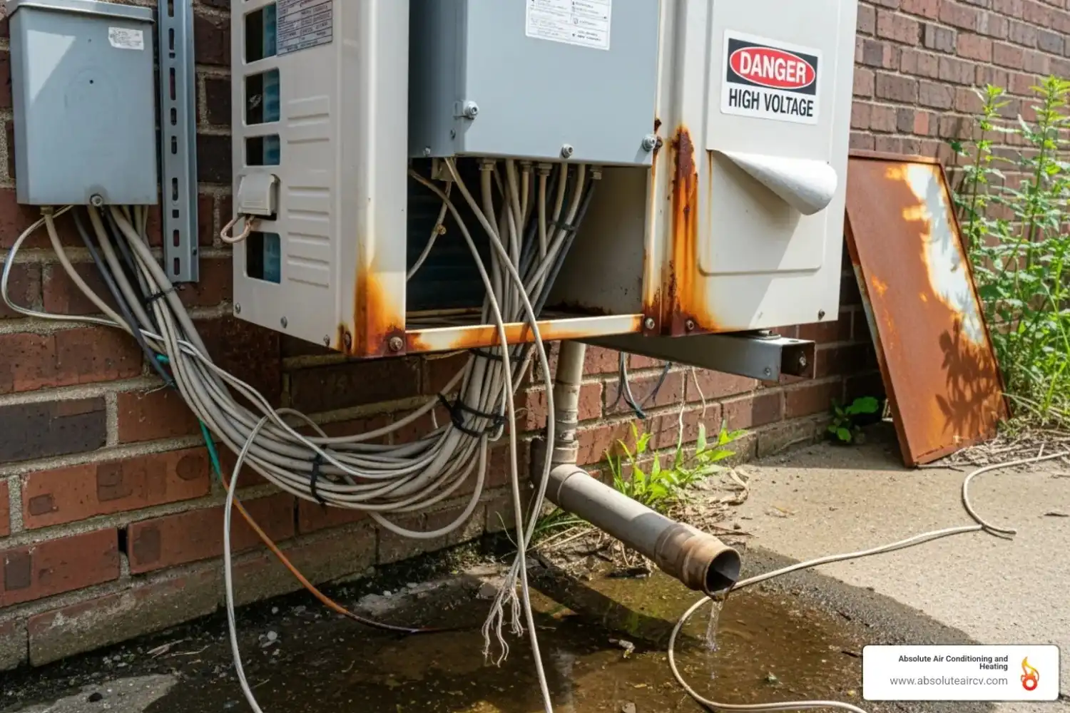 Image of a poorly installed, unsafe-looking HVAC unit with exposed wires - licensed HVAC technicians
