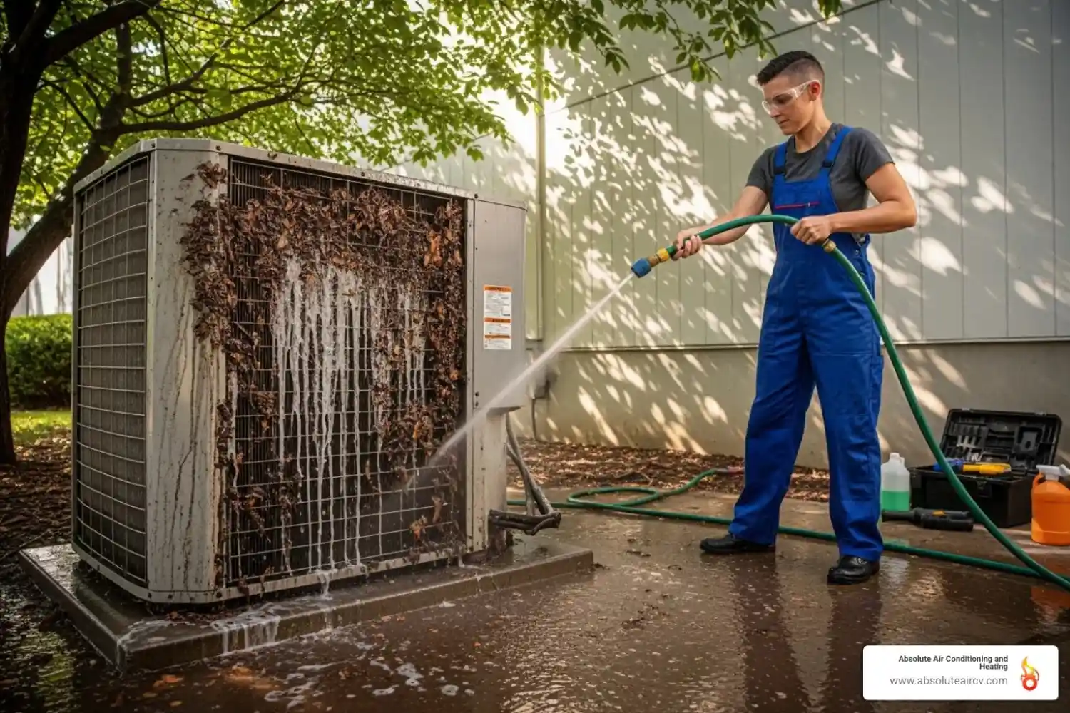 technician cleaning very dirty outdoor condenser unit - emergency ac repair palm springs