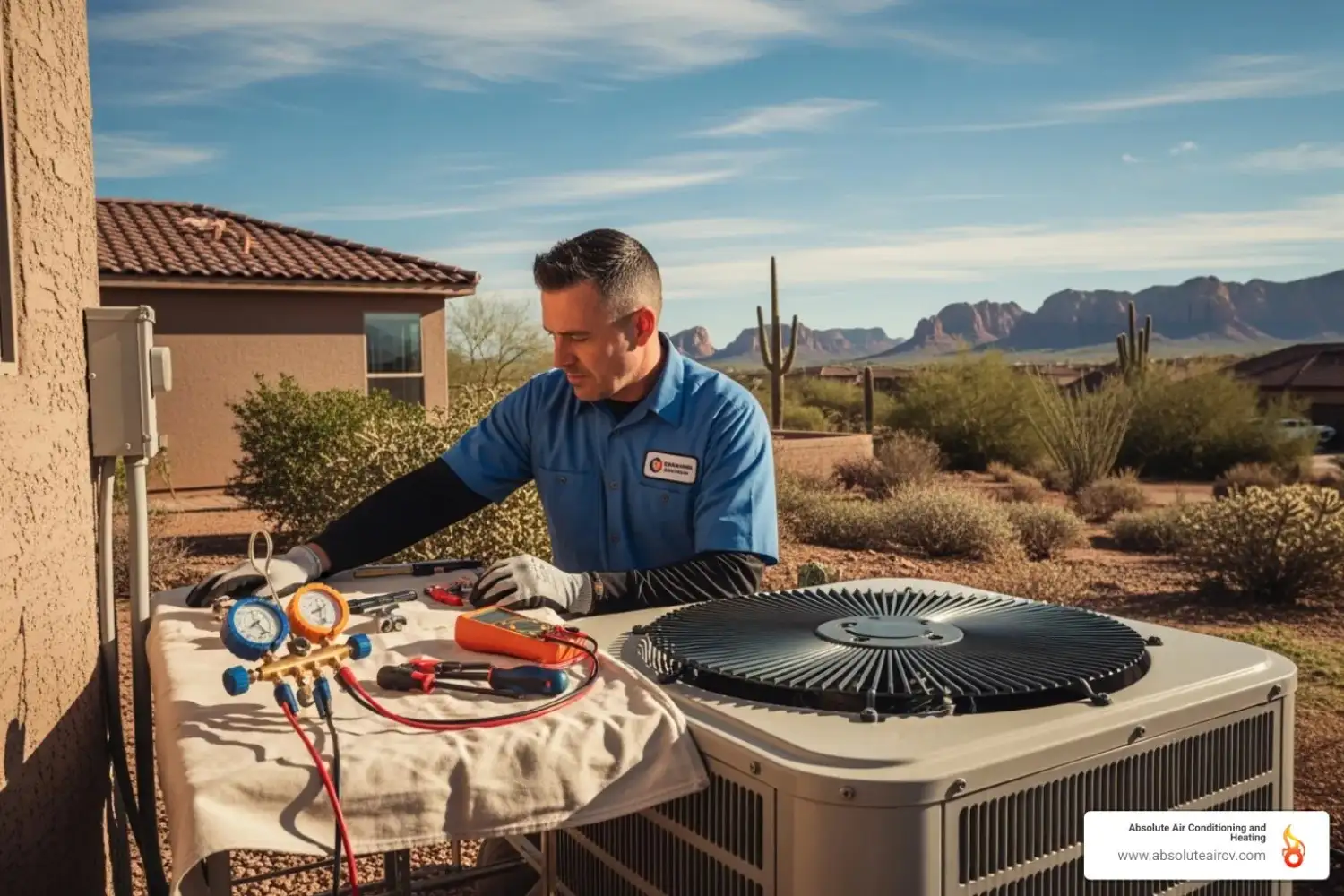 professional technician servicing outdoor AC unit - residential ac services palm springs