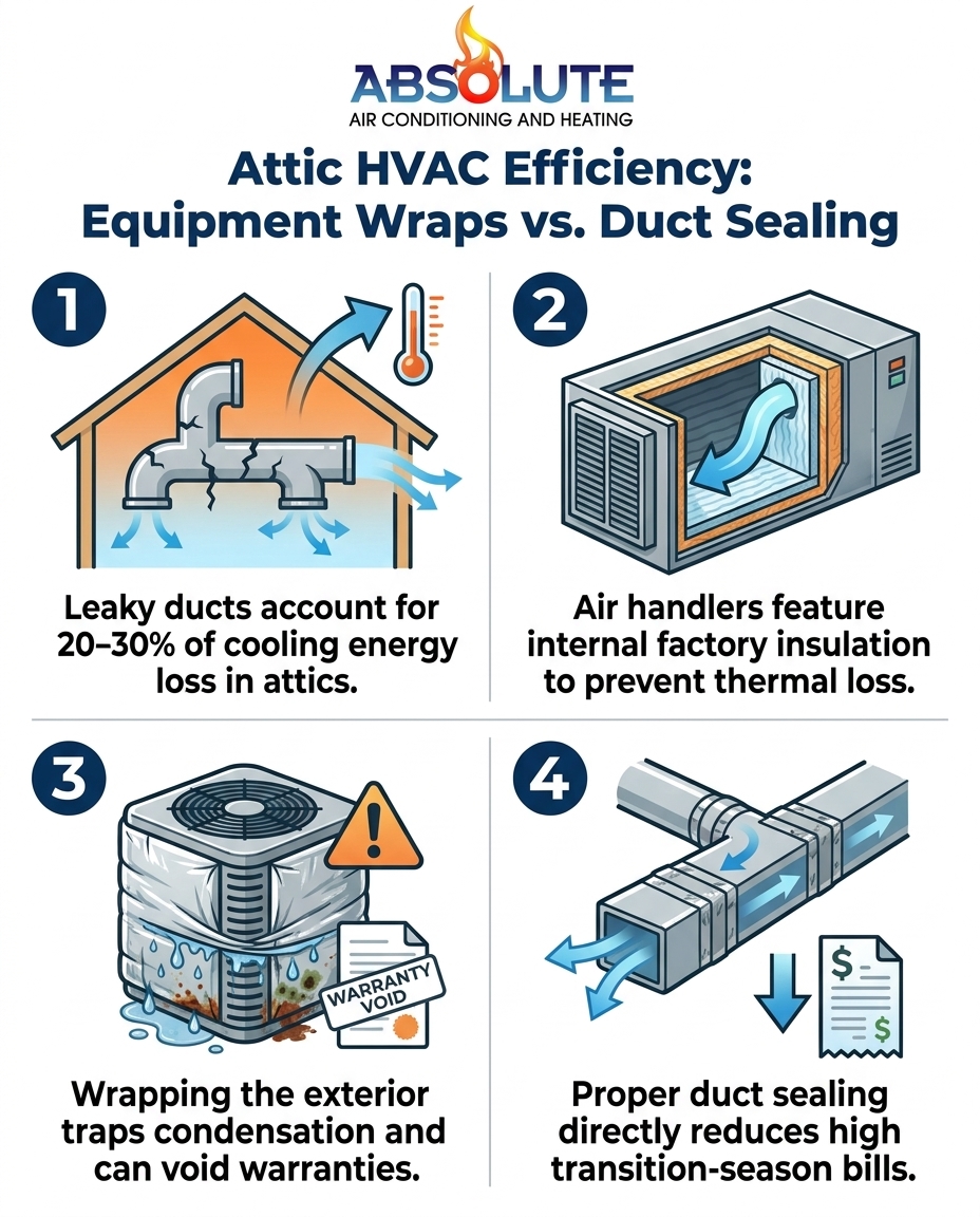 Attic HVAC Efficiency: Equipment Wraps vs. Duct Sealing