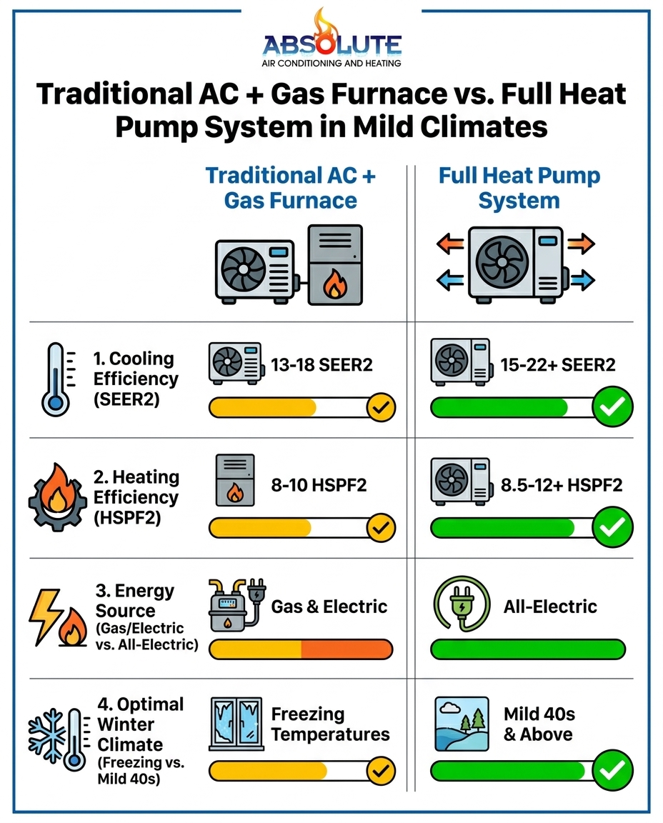 Traditional AC + Gas Furnace vs. Full Heat Pump System in Mild Climates