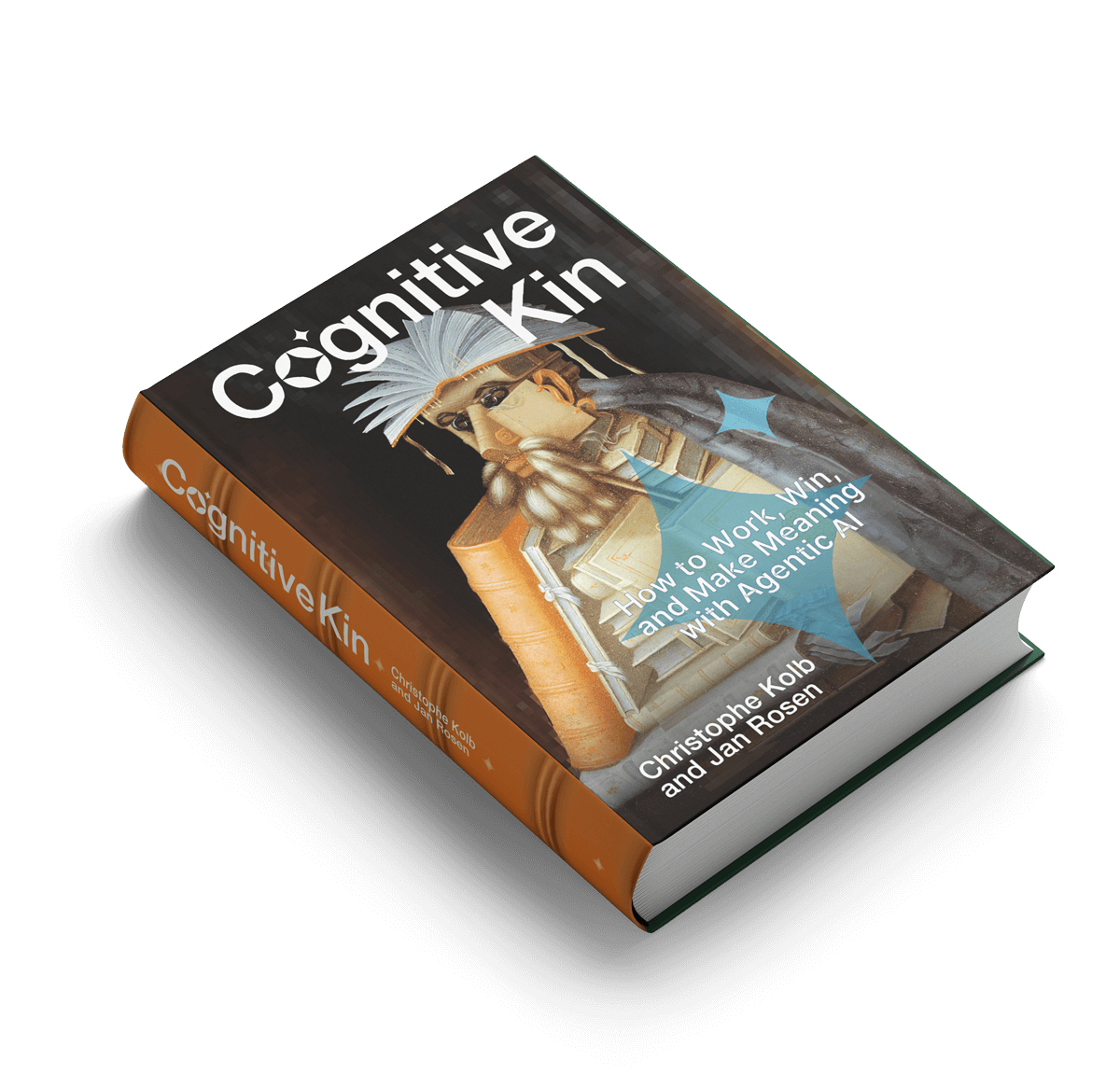 Book titled Cognitive Kin with an illustration of a figure made of books, authored by Christophe Kolb and Jan Rosen.