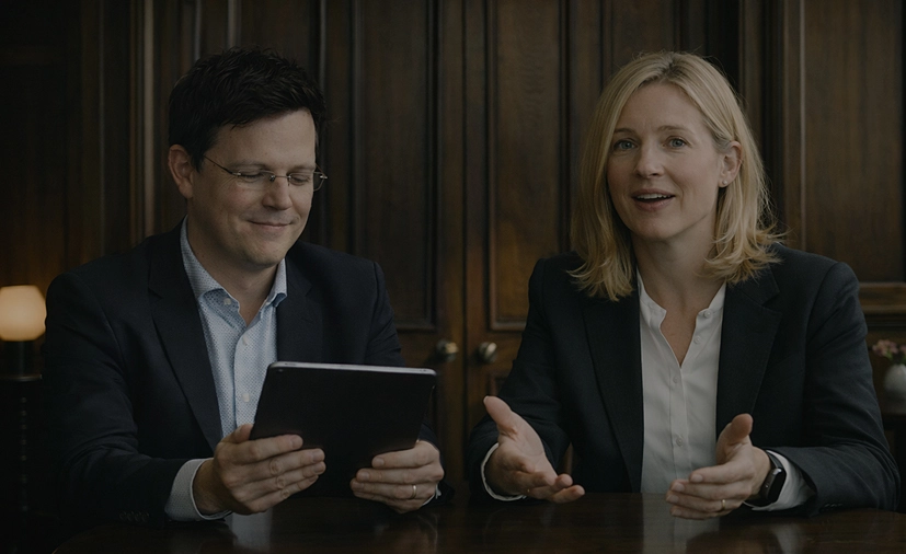 Two business professionals, a man with glasses holding a tablet and a woman speaking with hands gesturing, seated at a wooden table.