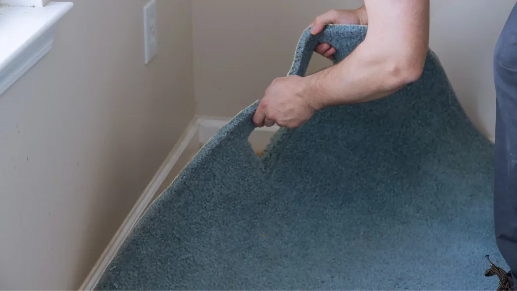Removing and cutting an old carpet flooring