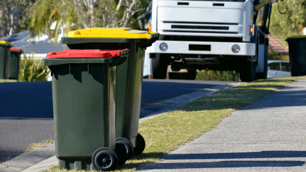 Red and Yellow bins awaiting collection