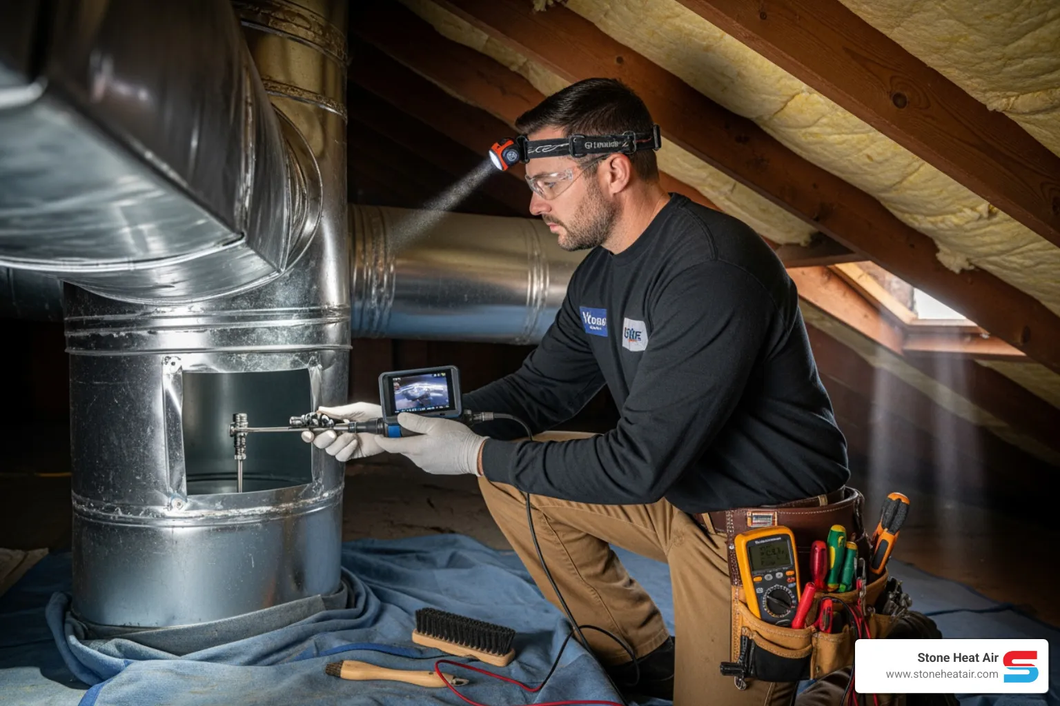 A professional technician wearing a clean uniform and inspecting ductwork with specialized tools in a residential setting - best duct cleaning company in applegate or