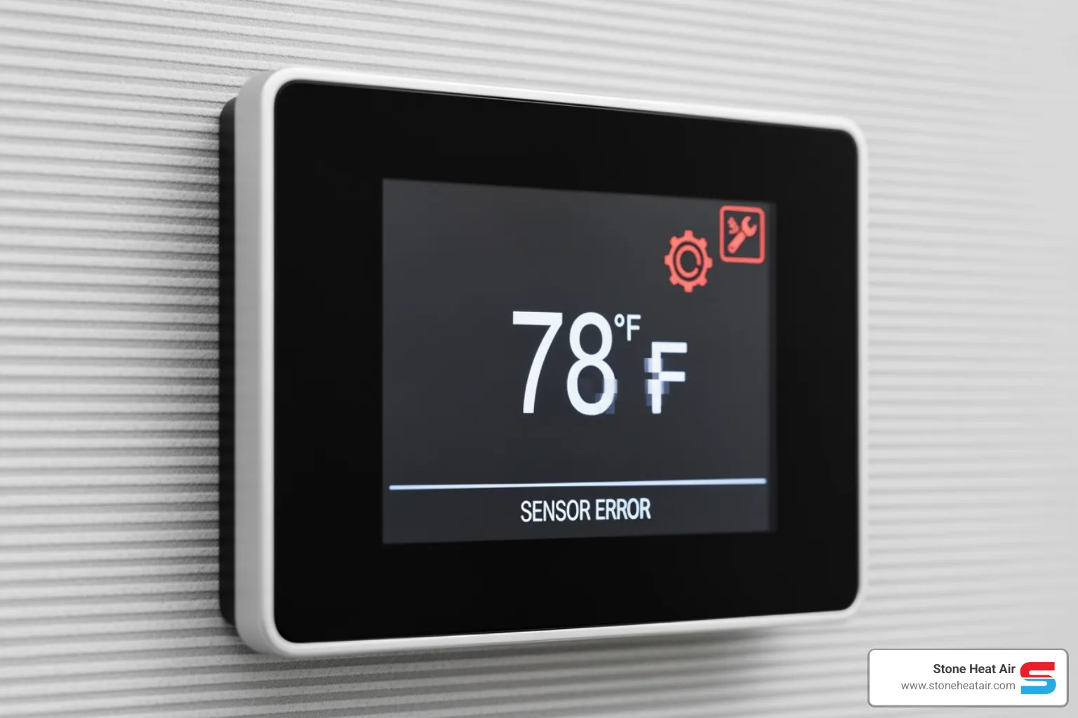 A close-up of a digital thermostat on a commercial wall, displaying an error message or unusual reading. - commercial hvac specialists in central point or