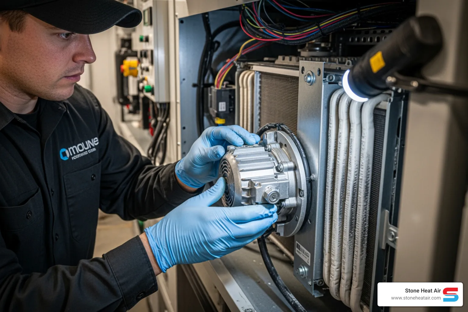 A technician inspecting internal components of a large commercial HVAC system, focusing on intricate parts and clean operation. - commercial hvac specialists in central point or