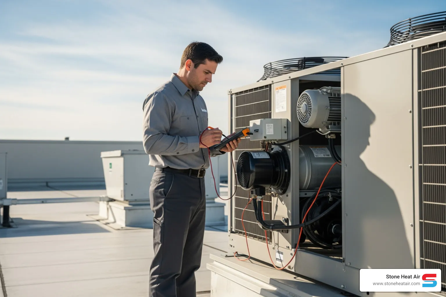 A certified technician in uniform working on a commercial rooftop HVAC unit, performing an inspection or repair. - commercial hvac specialists in central point or