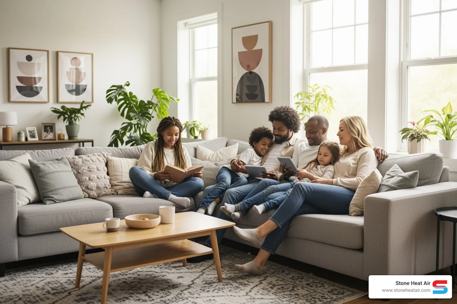 family relaxing comfortably on a sofa in a clean home - affordable duct cleaning installation in central point or