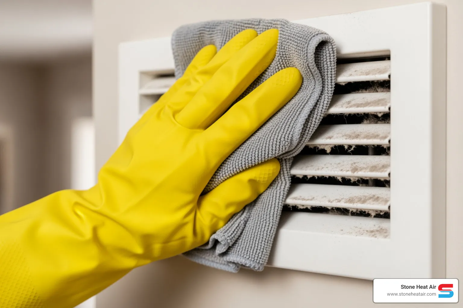 close-up of a hand wiping thick dust from an air vent cover - affordable duct cleaning installation in central point or