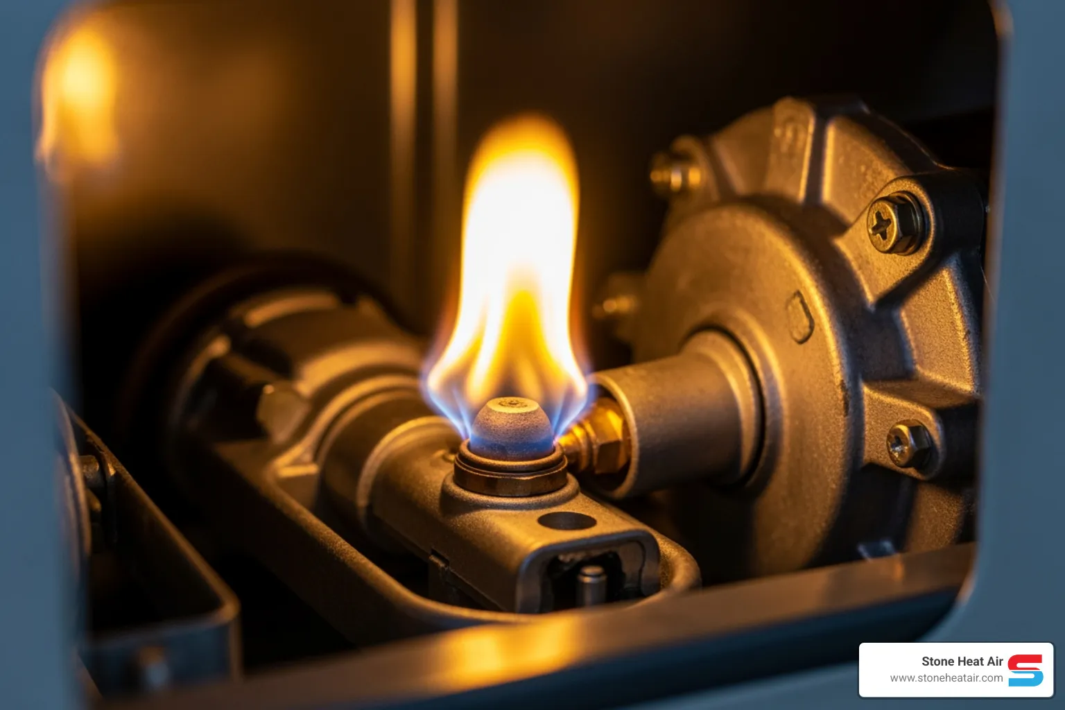 of a furnace pilot light with a yellow flame indicating a problem - emergency heating repair in applegate or