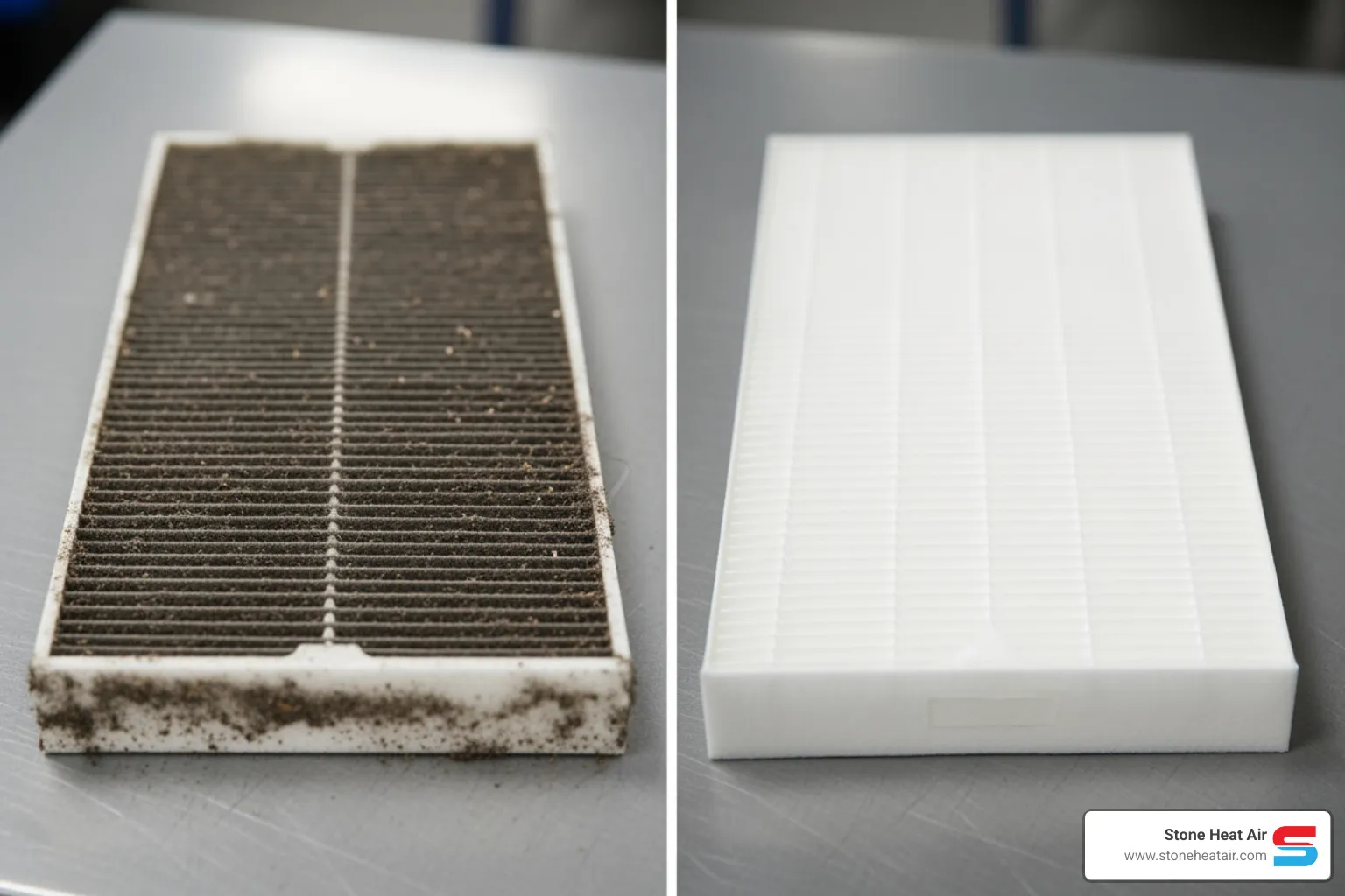 of a dirty, clogged HVAC air filter next to a clean one - emergency heating repair in applegate or