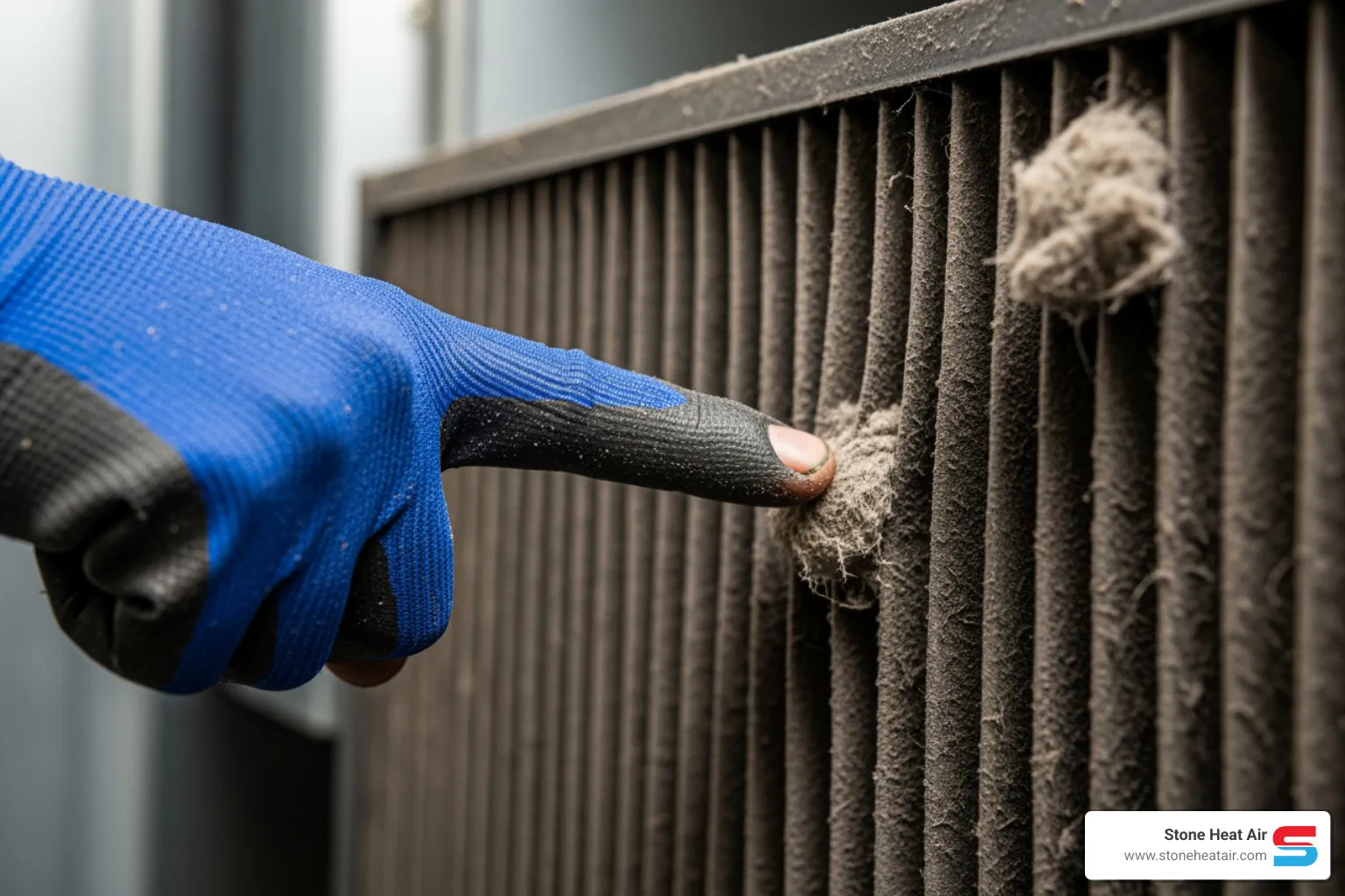 hand pointing to a dirty, clogged air filter - duct cleaning making noise in grants pass or