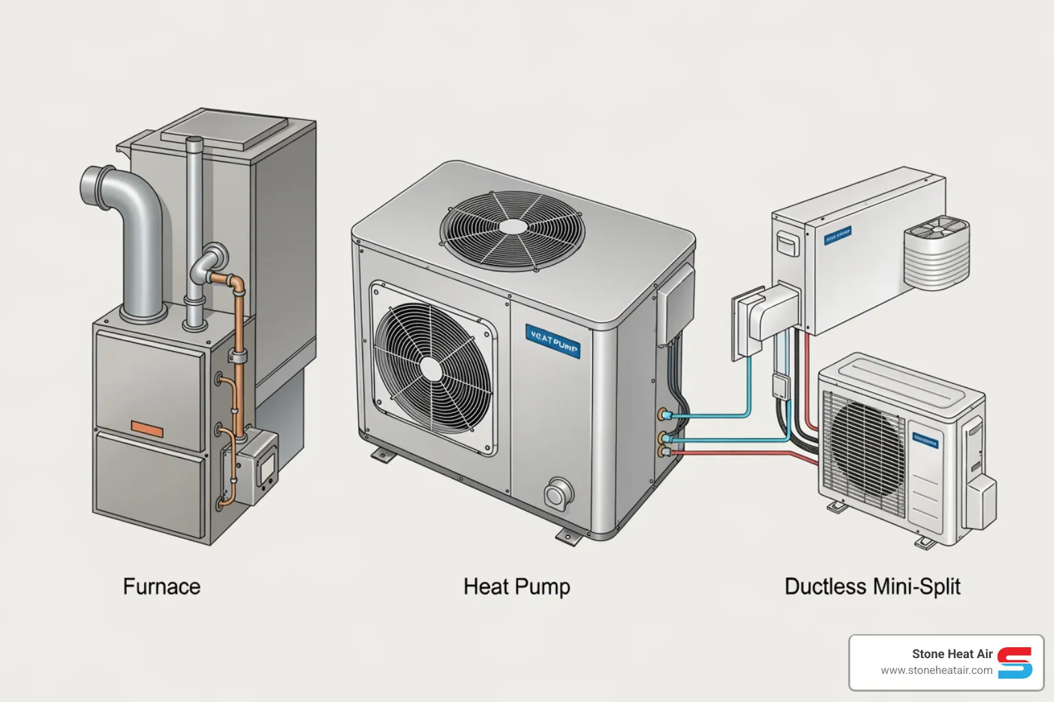 diagrams of a furnace, a heat pump, and a ductless mini-split system - best heating company in central point or